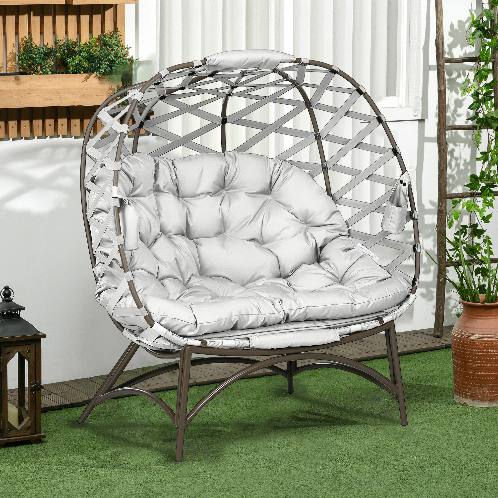 Outsunny 2 Seater Egg Chair Outdoor, Folding Weave Garden Furniture Chair with Cushion, Cup Pockets - Light Grey - North Peak Garden Furniture