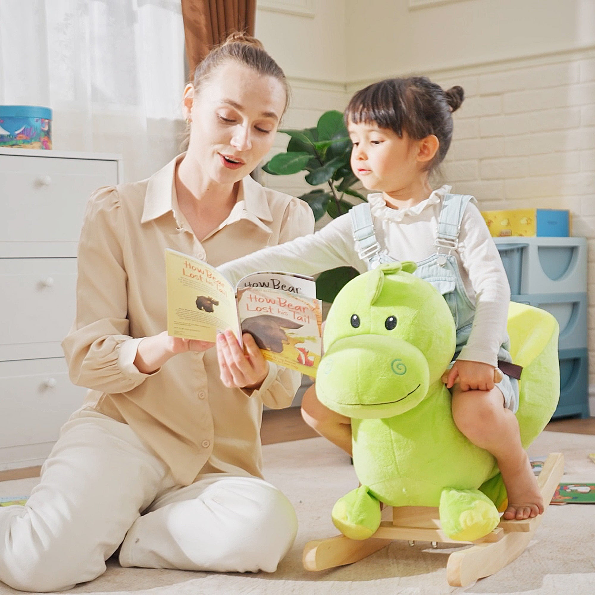 HOMCOM Kids Rocking Horse, Plush Ride-On Dinosaur Seat, with Seat Safety Belt, 32 Songs, Ride-On Horse - North Peak Garden Furniture