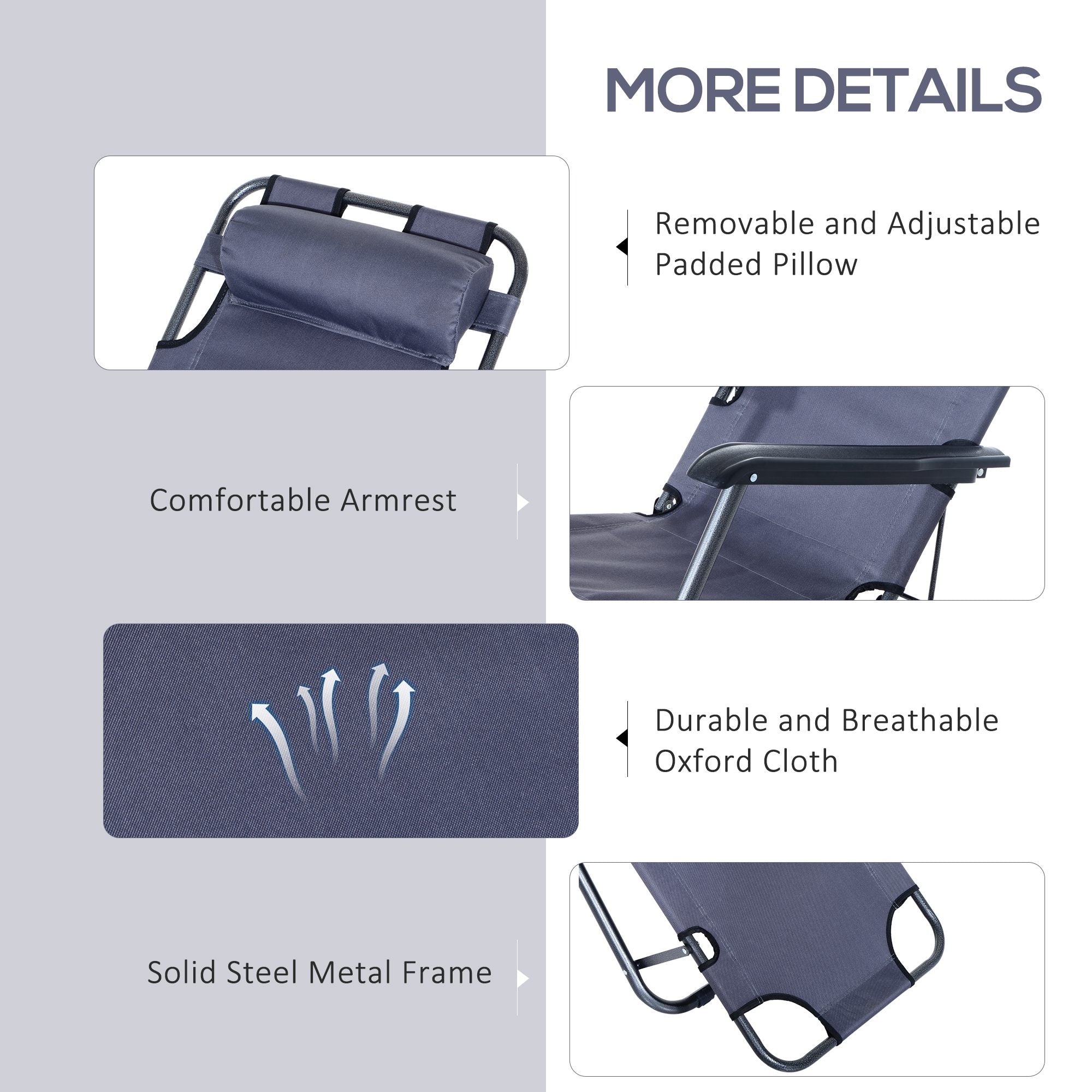 Outsunny 2 Pieces 2 in 1 Sun Lounger Folding Reclining Chair Garden Outdoor Camping Adjustable Back with Pillow, Grey - North Peak Garden Furniture