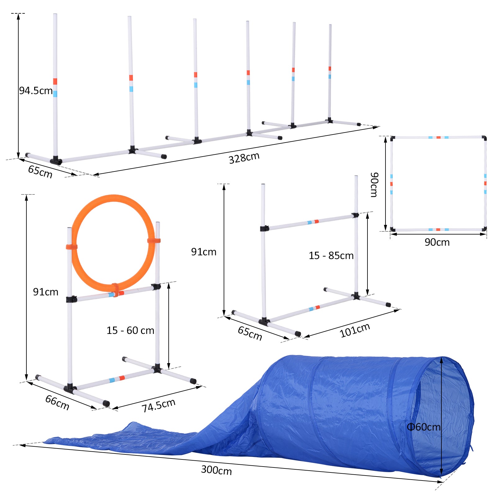 PawHut Dog Agility Equipment Training Set Carry Bag Adjustable (Pole + Hoop + Hurdle+Tunnel + Pause Box)