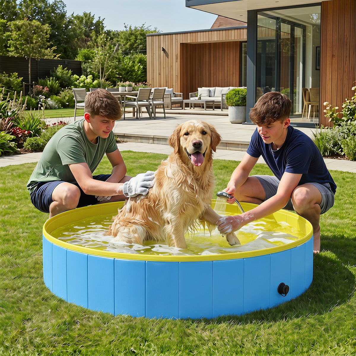 PawHut Foldable Dog Pool for Puppies and Ducks Dog Paddling Pool Bath Tub, Blue, 140 x 30cm
