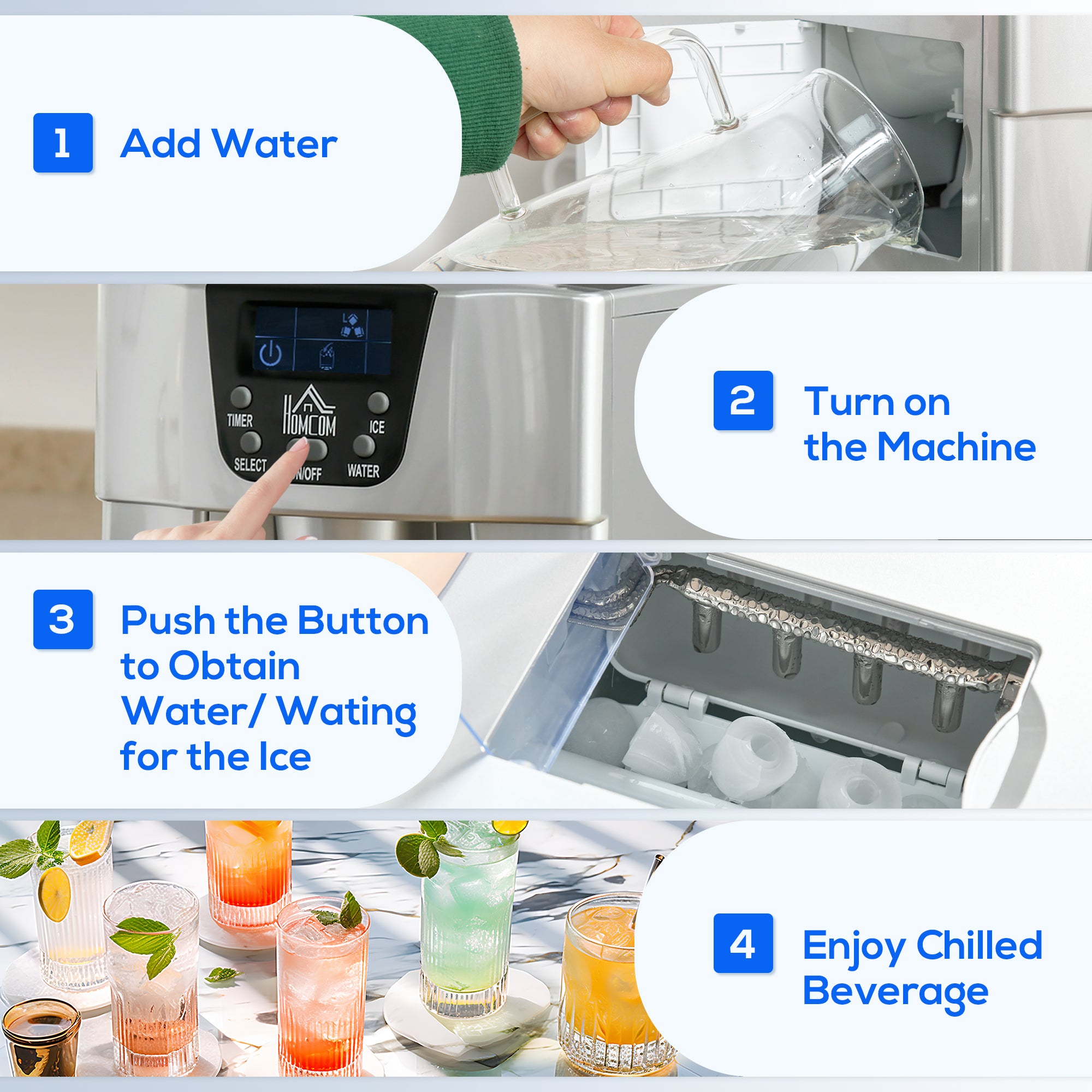 HOMCOM Ice Maker Machine and Water Dispenser, Counter Top Ice Cube Maker for Home with 3L Tank, Adjustable Cube Size, 9 Ice Cubes per 6-10 Minutes, No Plumbing Required, Silver - North Peak Garden Furniture