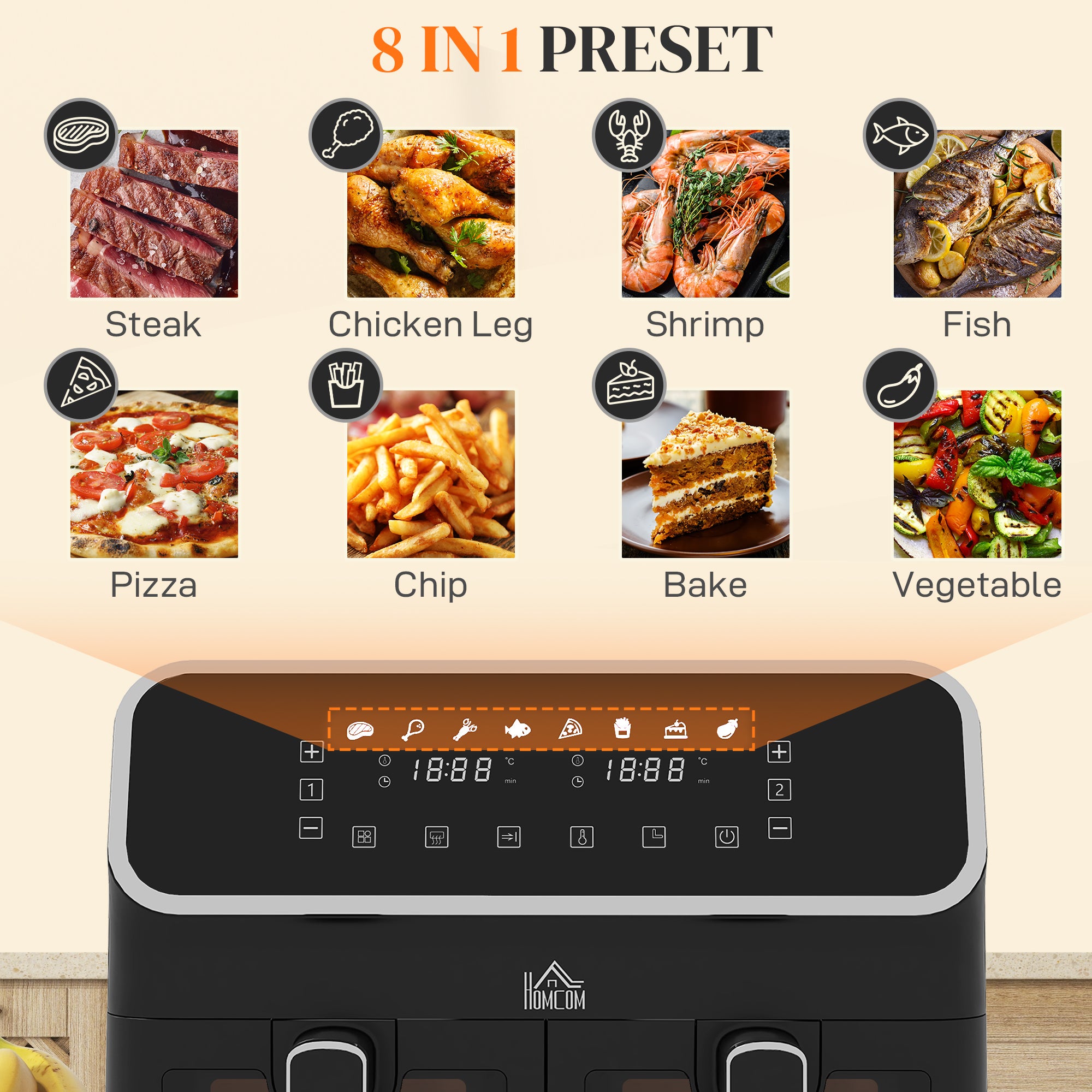 HOMCOM 8L Dual Basket Air Fryer, 80-200℃, with Sync Function - Black/Silver - North Peak Garden Furniture