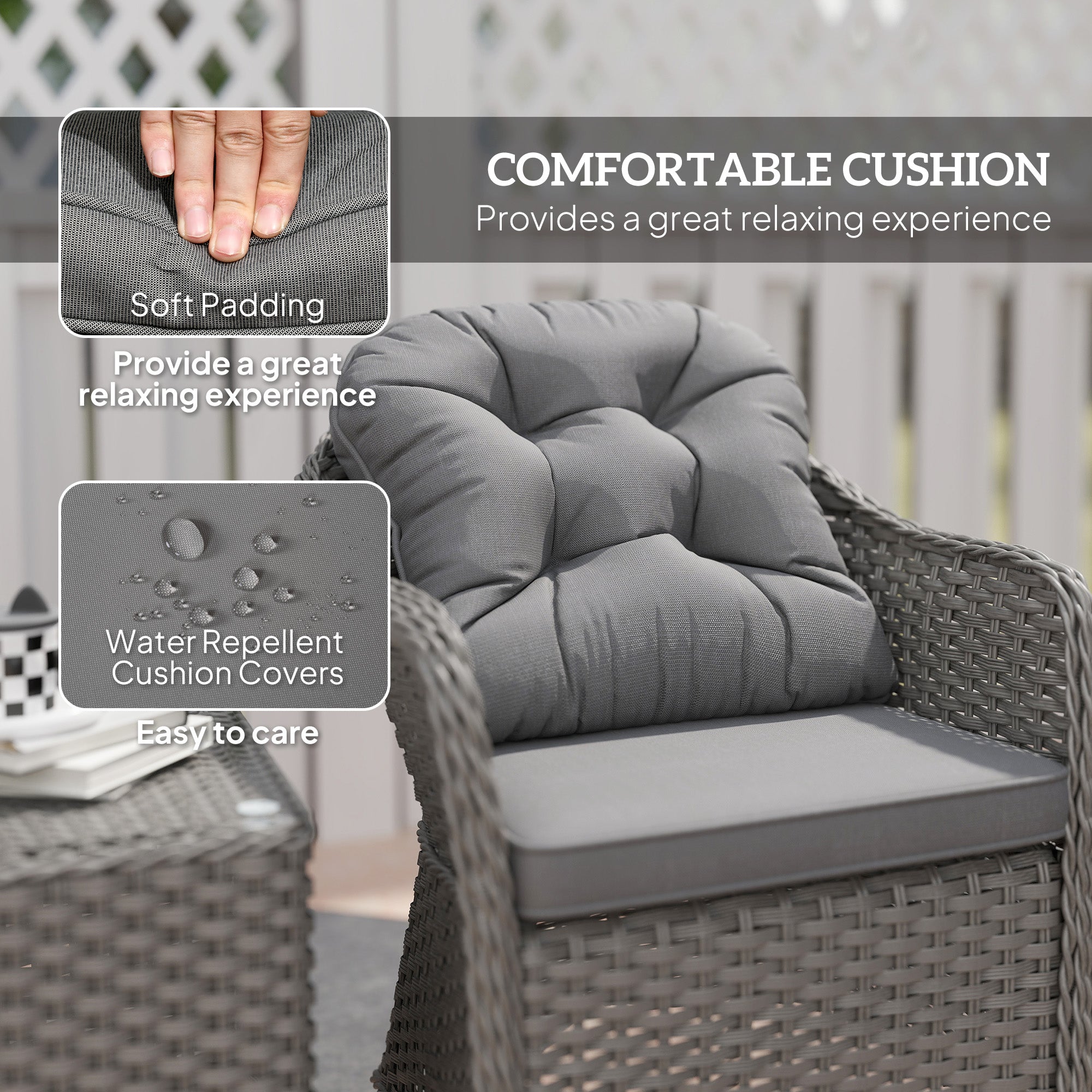 Outsunny 3 Pieces Rattan Bistro Set, Wicker Garden Bistro Set, Glass Top Balcony Table and Chairs with Cushions for Outdoor, Patio, Balcony, Light Grey - North Peak Garden Furniture