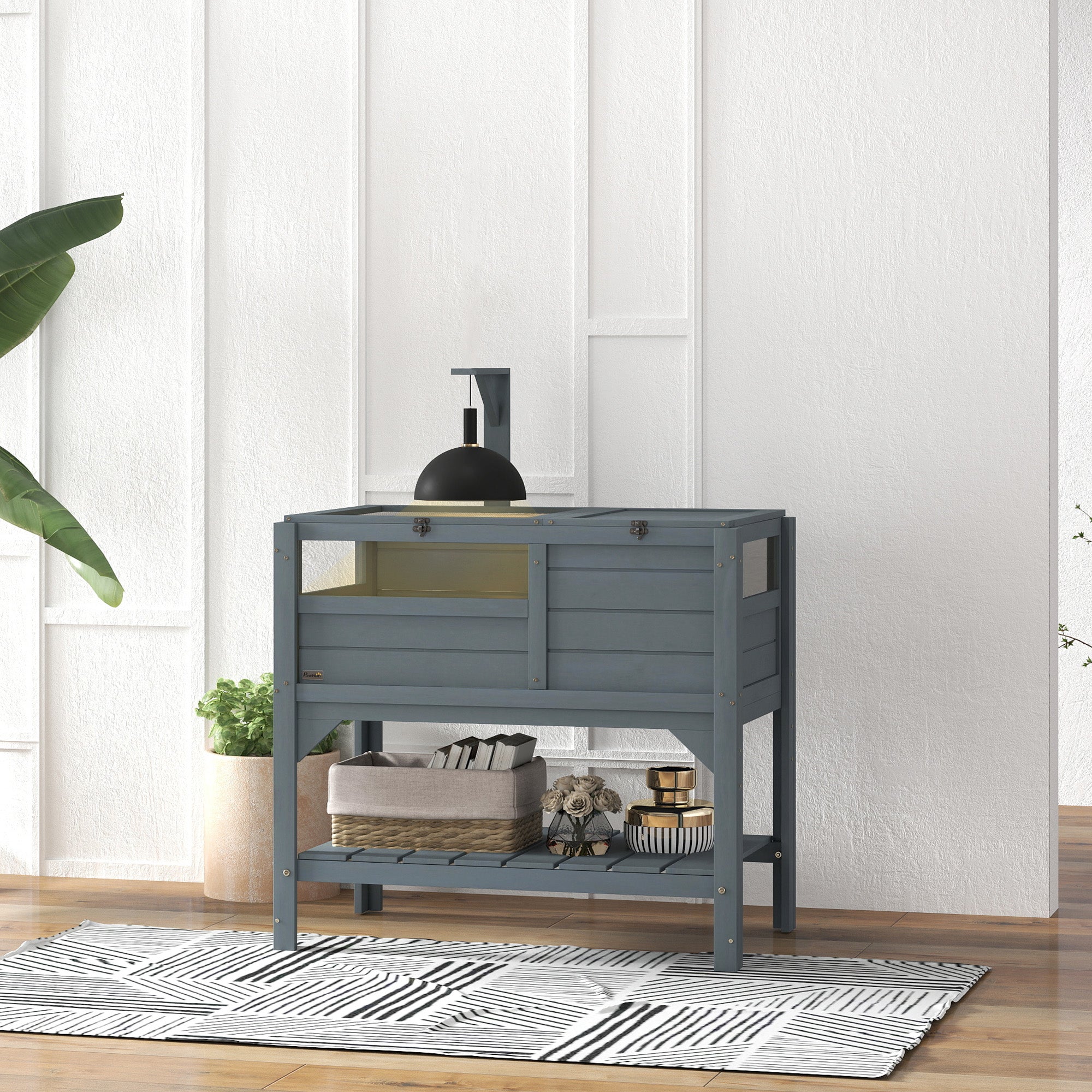 PawHut Wooden Tortoise House, with Shelter, Run, Shelf, Lamp Holder, Tray, Grey - North Peak Garden Furniture