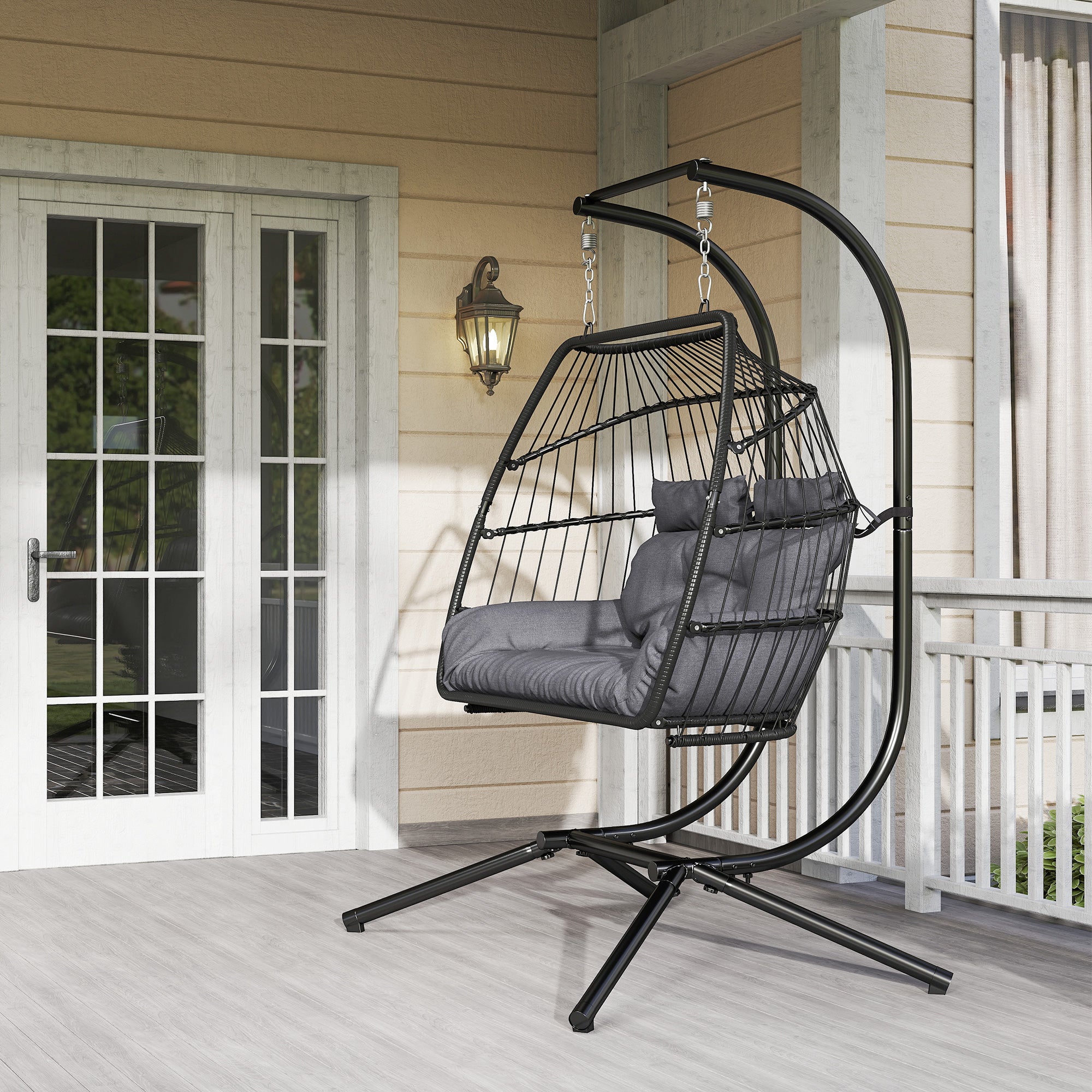 Outsunny Rattan Double Hanging Egg Chair with Stand, Foldable Wicker Swing Egg Chair with Cushion, Head Pillows, Steel Frame, Hammock Chair for Indoor Outdoor, Capacity 260 kg, Dark Grey - North Peak Garden Furniture