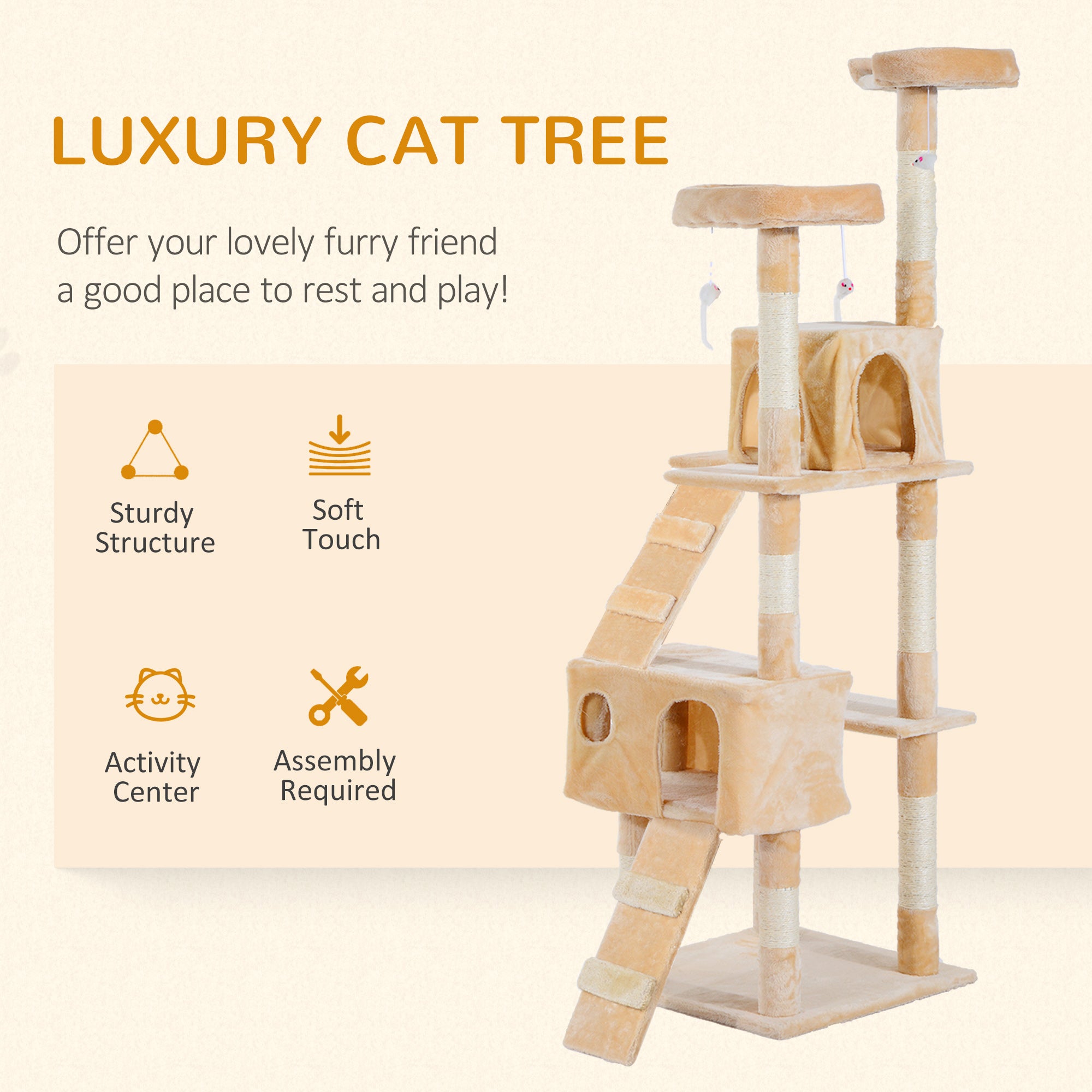 PawHut Deluxe Cat Tree, Kitten Scratching Post, Climbing Tower Activity Centre, Plush, Cream