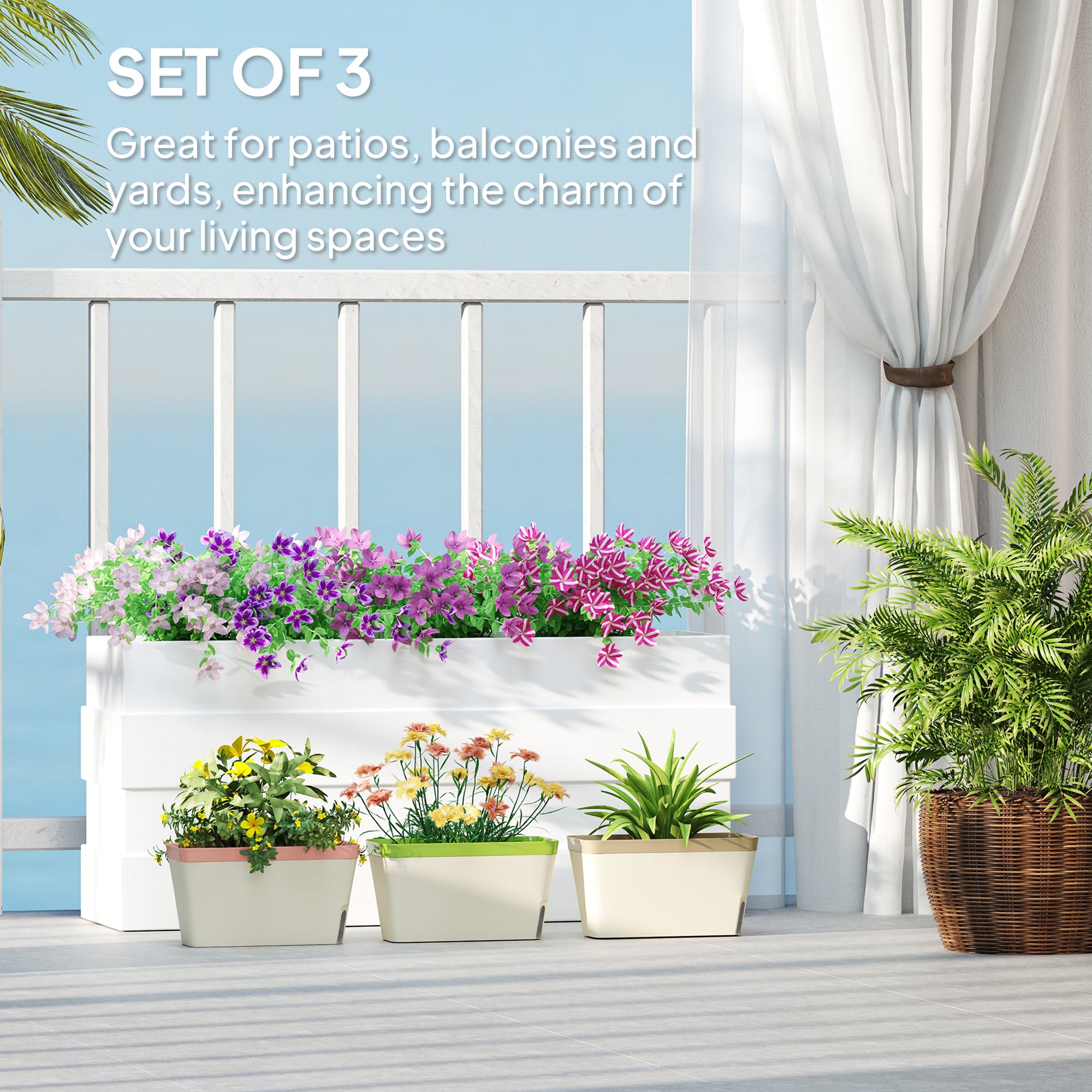 Outsunny Set of 3 Self Watering Plant Pots Outdoor, 27cm Rectangular Garden Planters with Visual Water Level Window, Plastic Flower Pots for Indoor Outdoor Garden Balcony Windowsil - North Peak Garden Furniture