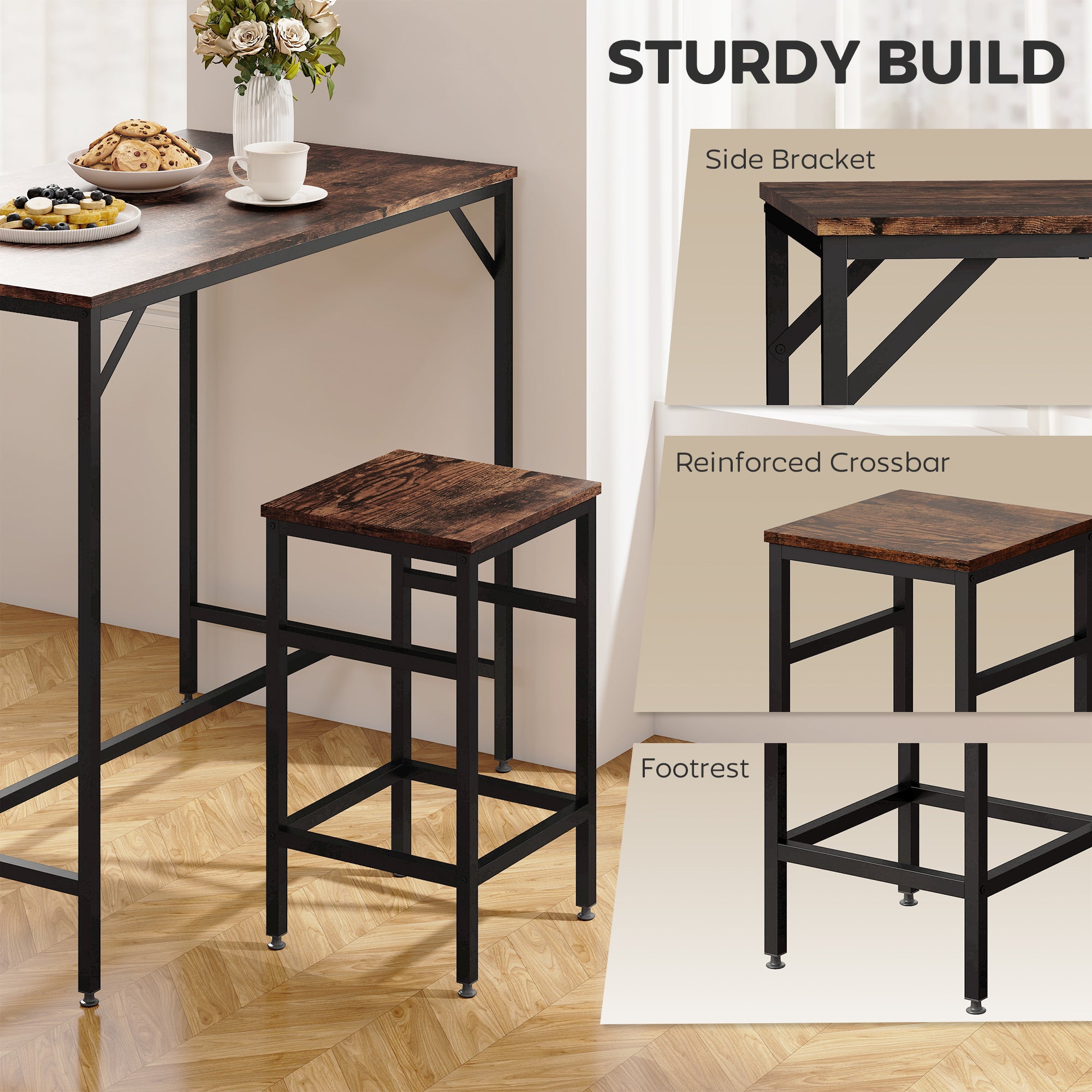 HOMCOM Industrial Rectangular Bar Table Set with 4 Stools for Dining Room, Kitchen, Dinette