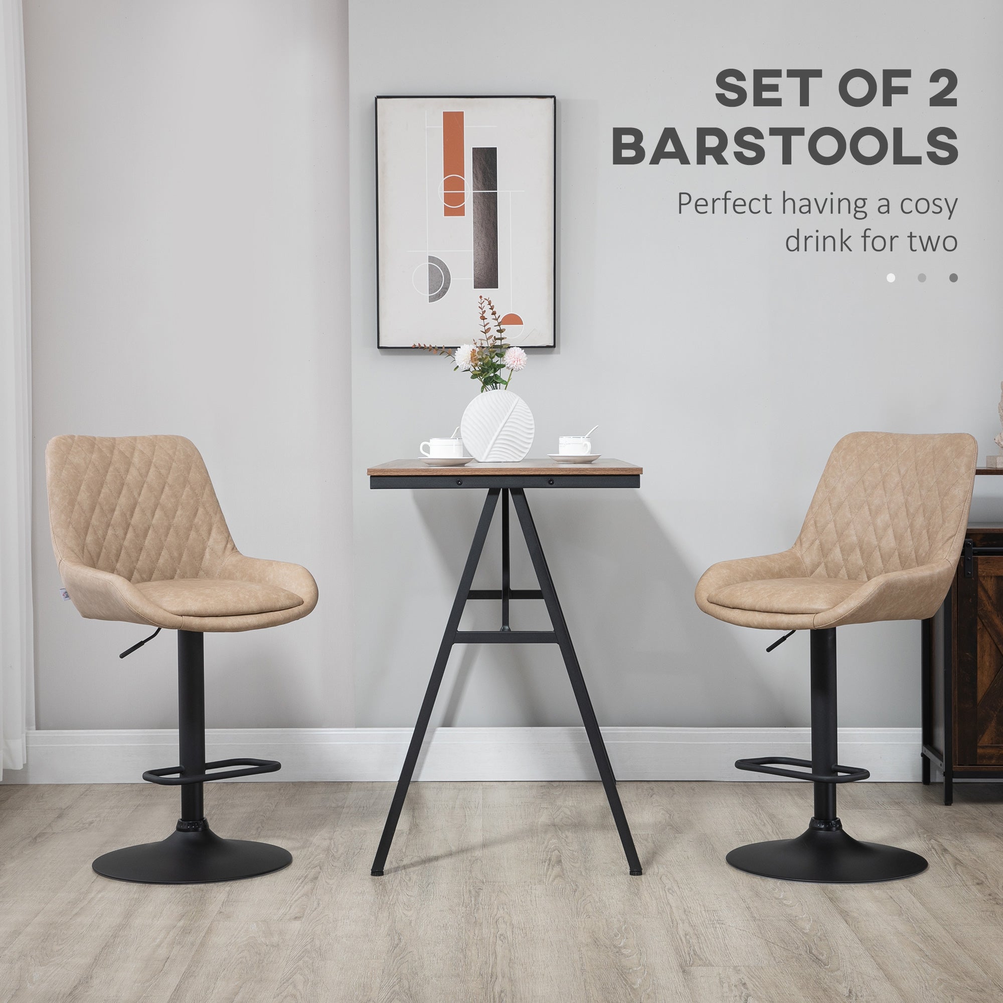 HOMCOM Retro Bar Stools Set of 2, Adjustable Kitchen Stool, Upholstered Bar Chairs with Back, Swivel Seat, Light Khaki - North Peak Garden Furniture
