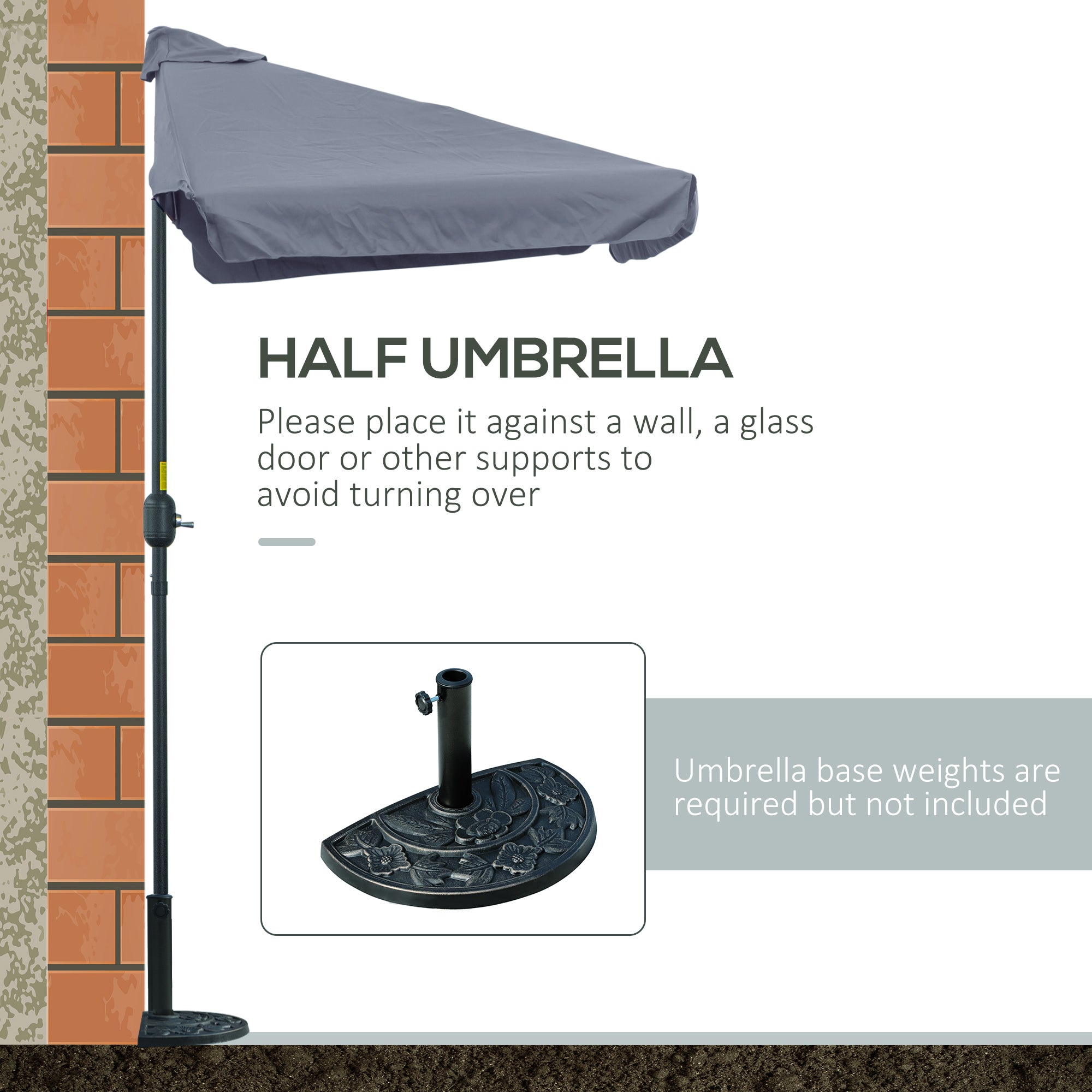 Outsunny 2.3m Half Parasol Semi Round Umbrella Patio Metal Frame Crank Handle for Balcony-- NO BASE INCLUDED, Grey - North Peak Garden Furniture