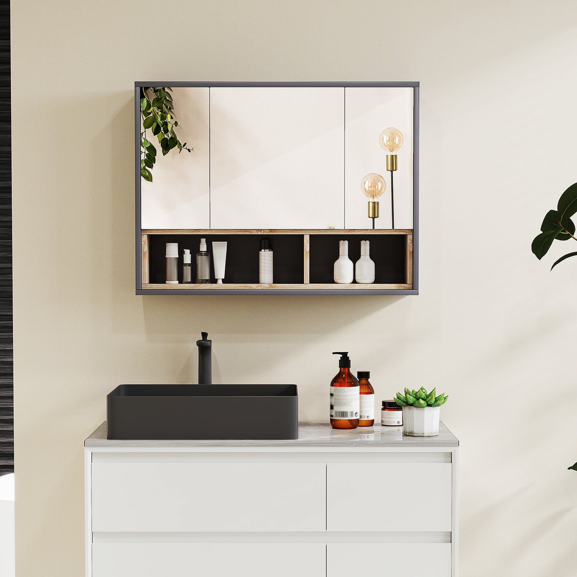 HOMCOM Bathroom Mirror Cabinet, Wall Mounted Bathroom Cabinet with Mirror, 3 Doors and Cupboards, Grey - North Peak Garden Furniture