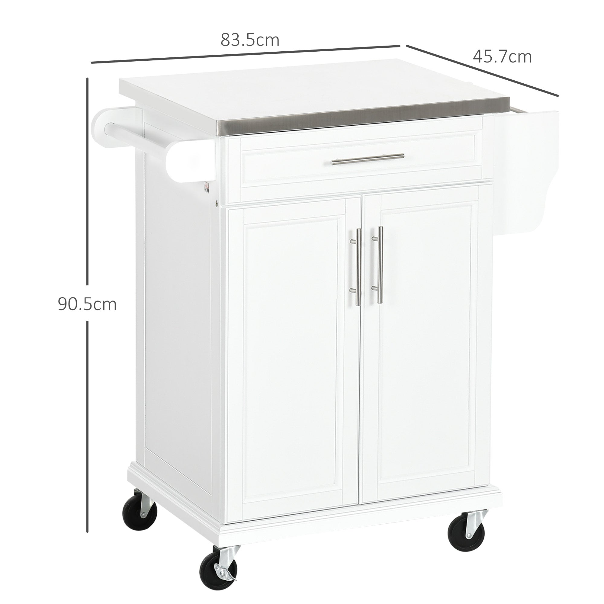 HOMCOM Wooden Kitchen Island on Wheels, Serving Cart Storage Trolley with Stainless Steel Top, Drawer, Side Handle and Rack, White - North Peak Garden Furniture