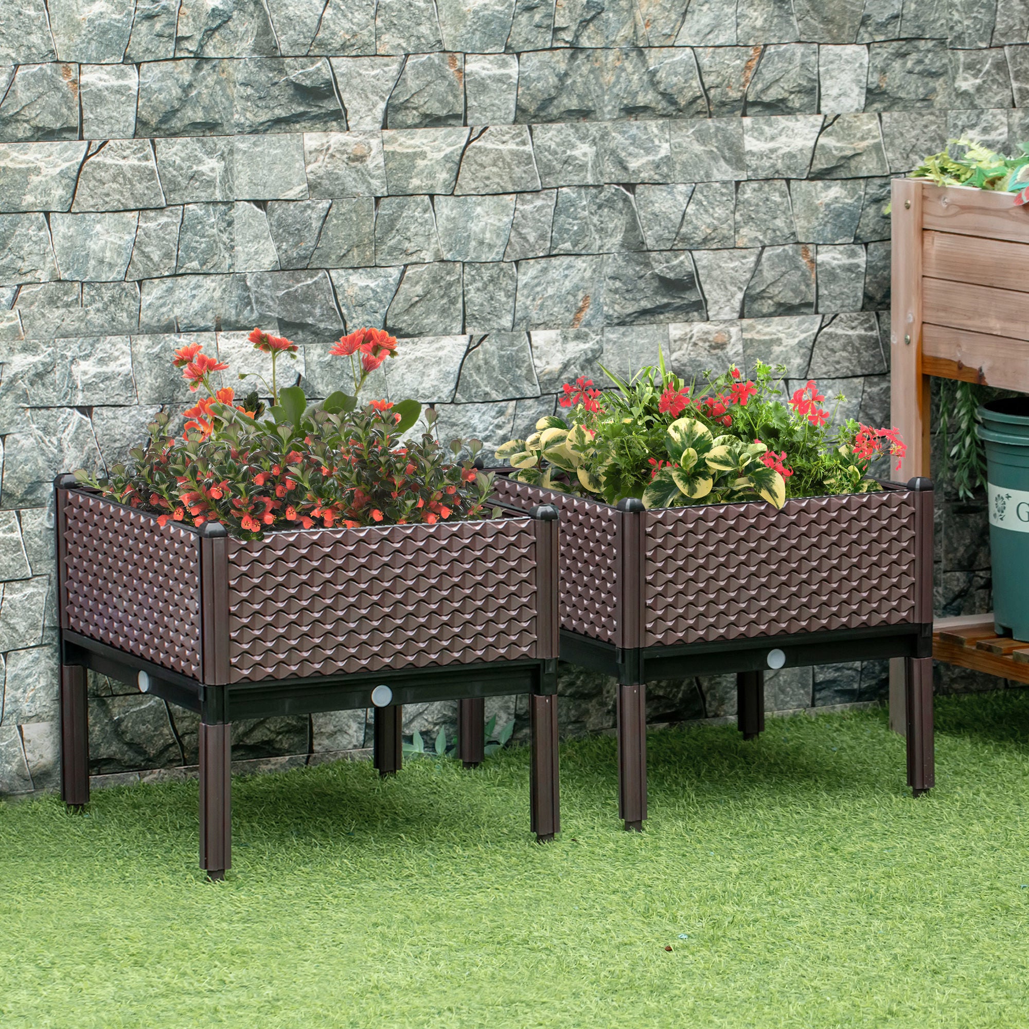 Outsunny 50cm x 50cm x 46.5cm Set of 2 41L Garden Raised Bed, Elevated Planter Box, Flower Vegetables Planting Container with Self-Watering Design and Drainage Holes - North Peak Garden Furniture