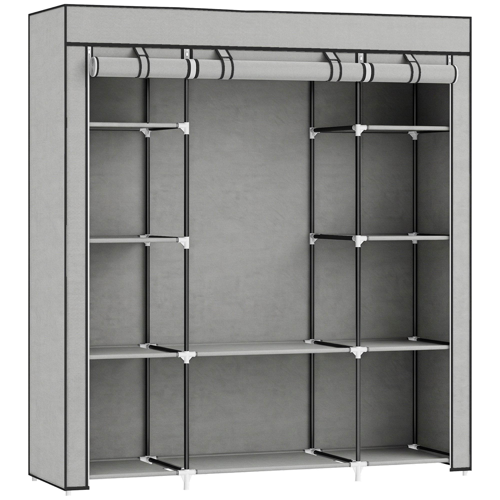 HOMCOM Clothes Storage Organiser with Hanging Rail, Shelves, Portable Wardrobe, Foldable Fabric Wardrobe, Light Grey