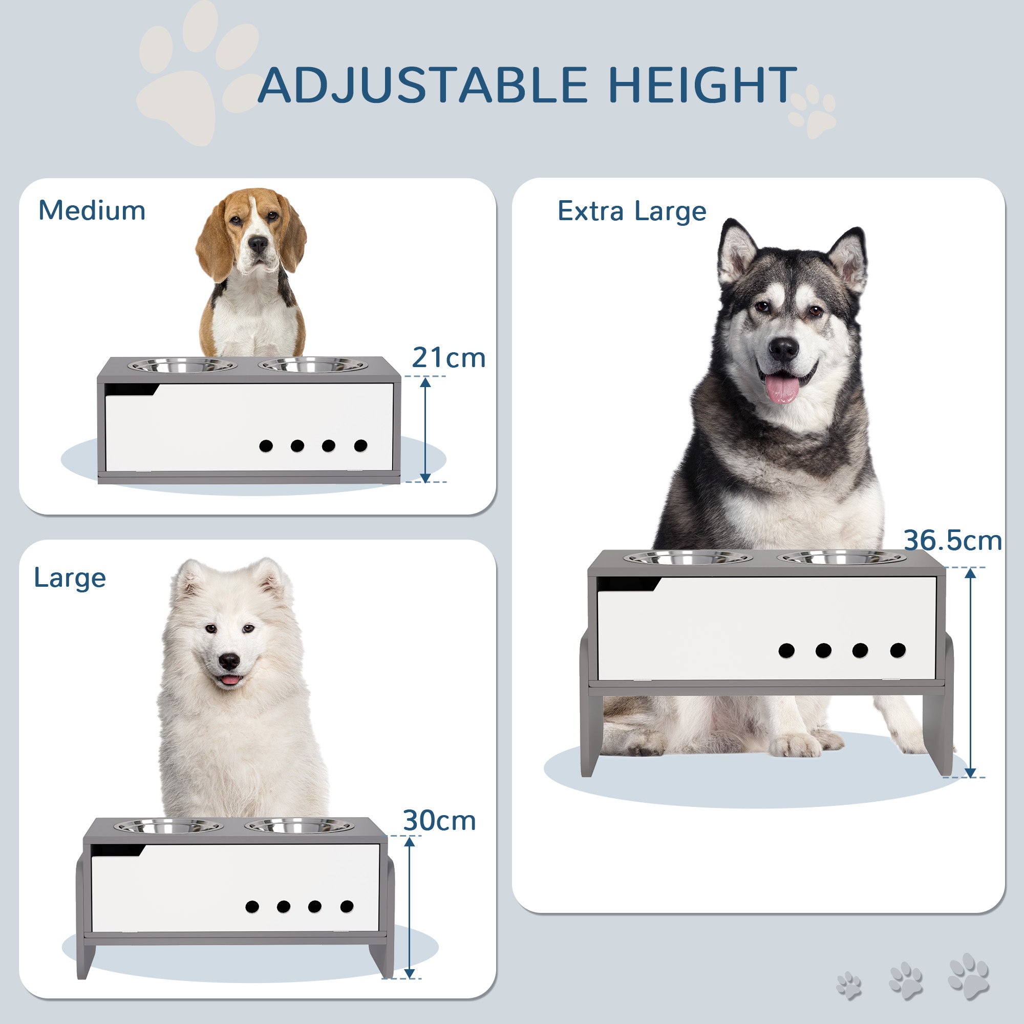 PawHut 3 Height Adjustable Raised Dog Bowls, Dog Feeding Storage Station w/ Slow Feeder Mat, 2 Stainless Steel Bowls