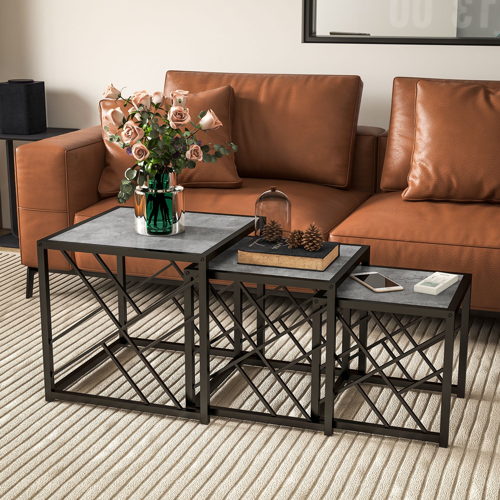 HOMCOM Nesting Coffee Tables, Set of 3 Square Side Tables with Black Metal Frame, for Living Room, Bedroom and Office, Grey - North Peak Garden Furniture