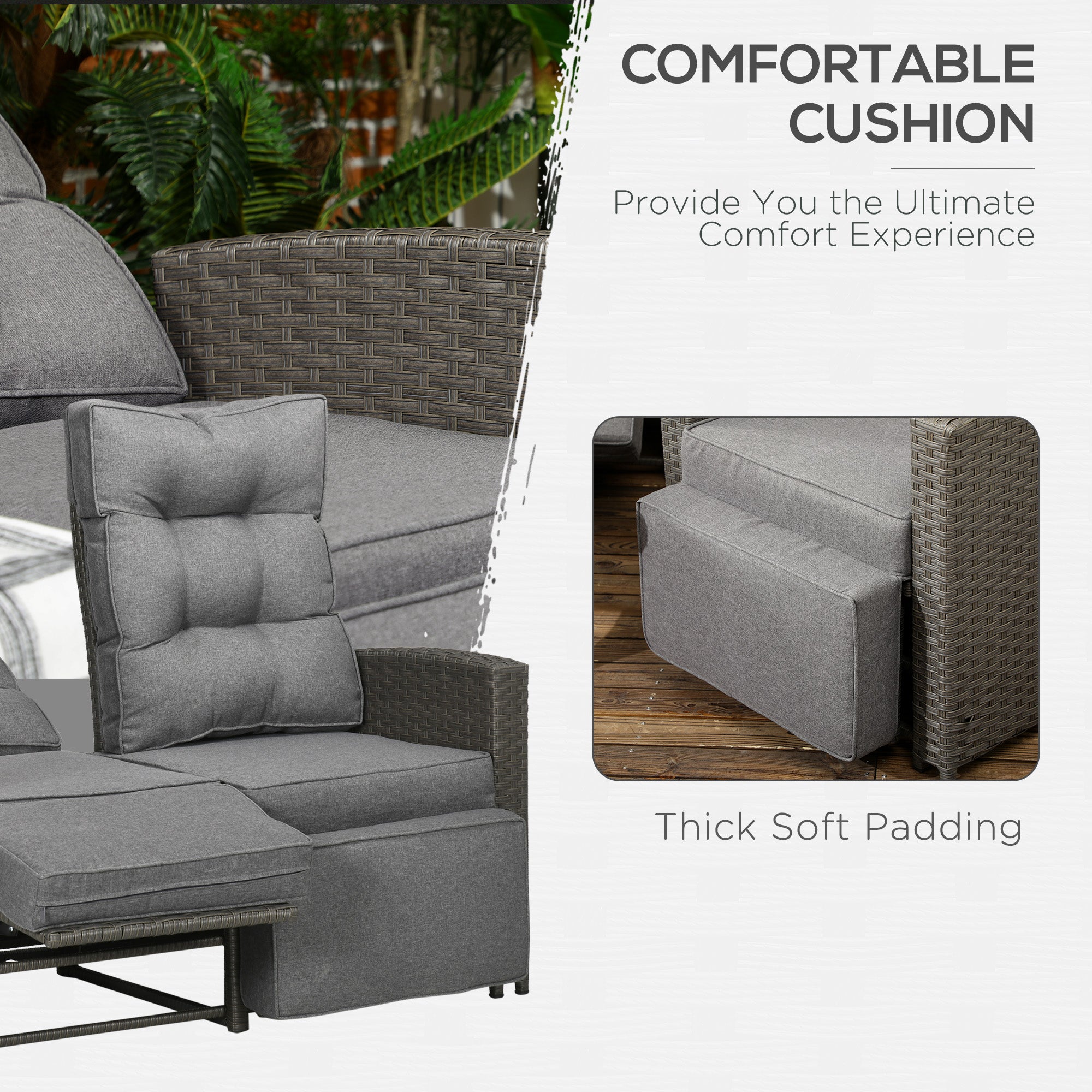 Outsunny 4 Piece Rattan Garden Furniture Sets, 4 Seater Outdoor Sofa Sectional with Wicker Sofa, Reclining Armchair and Glass Table for Yard, Poolside, Grey - North Peak Garden Furniture