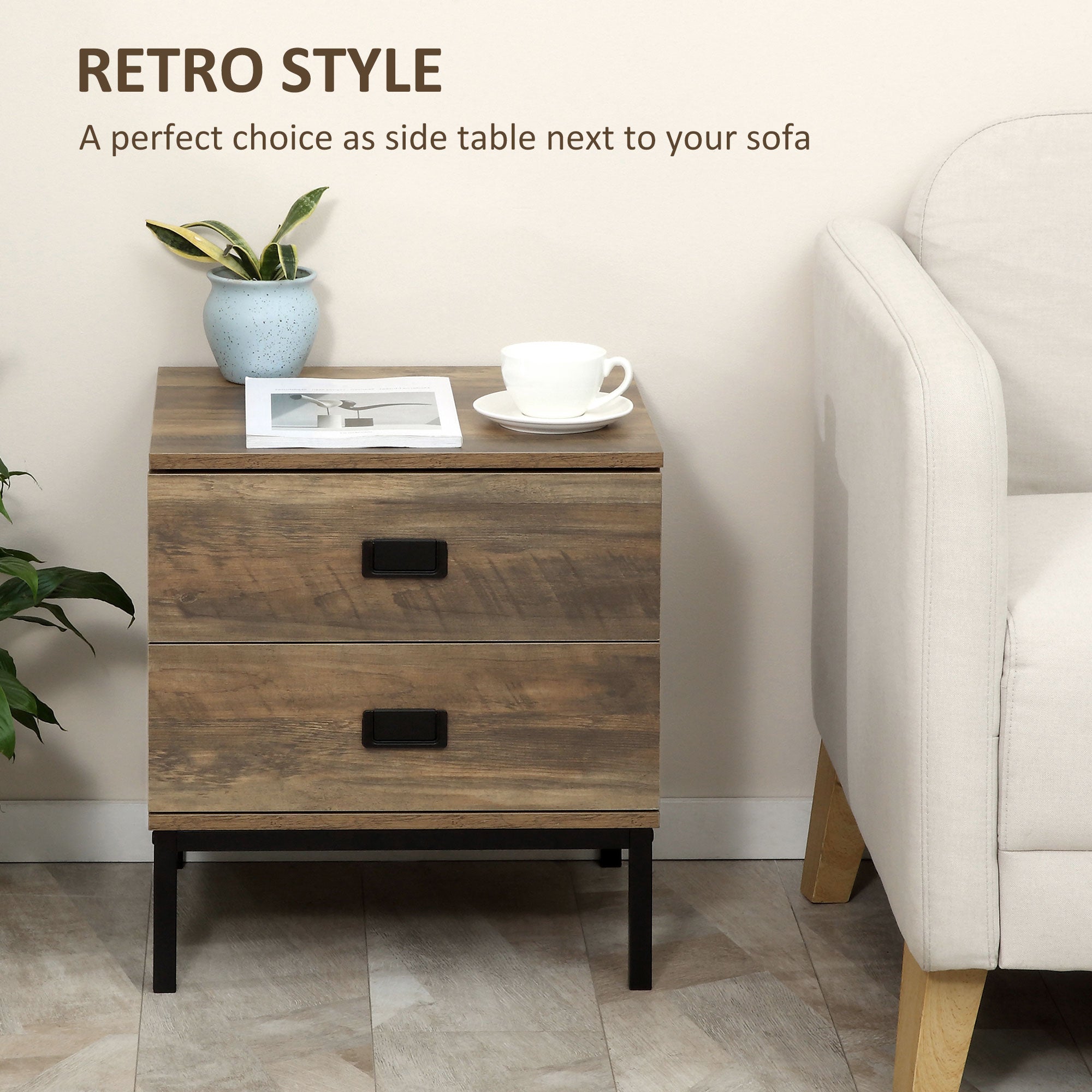 HOMCOM Retro Bedside Table, End Side Table with 2 Drawers, Metal Frame for Bedroom, Living Room, Set of 2, Coffee - North Peak Garden Furniture