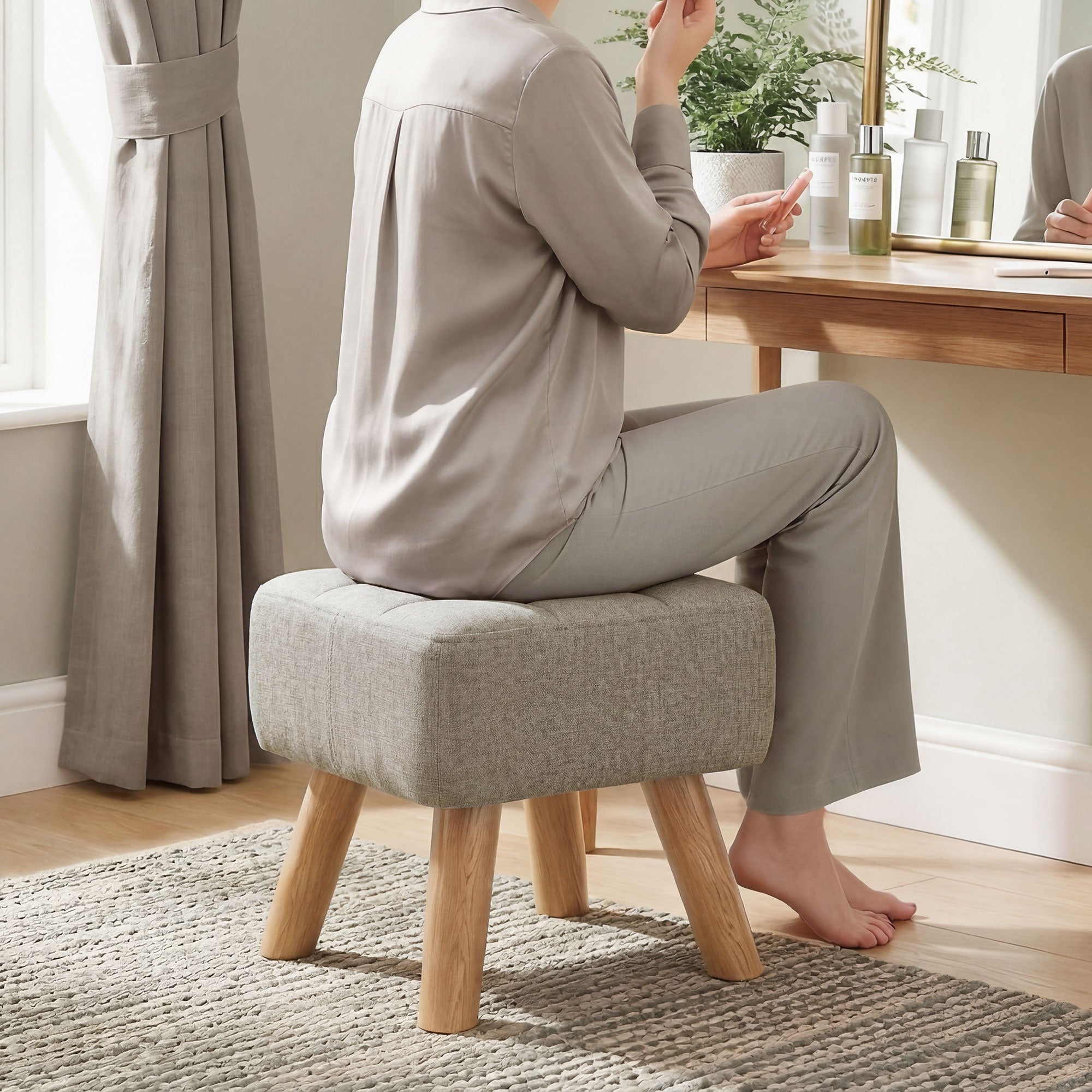 HOMCOM Linen-Look Square Padded Footstool - Light Brown