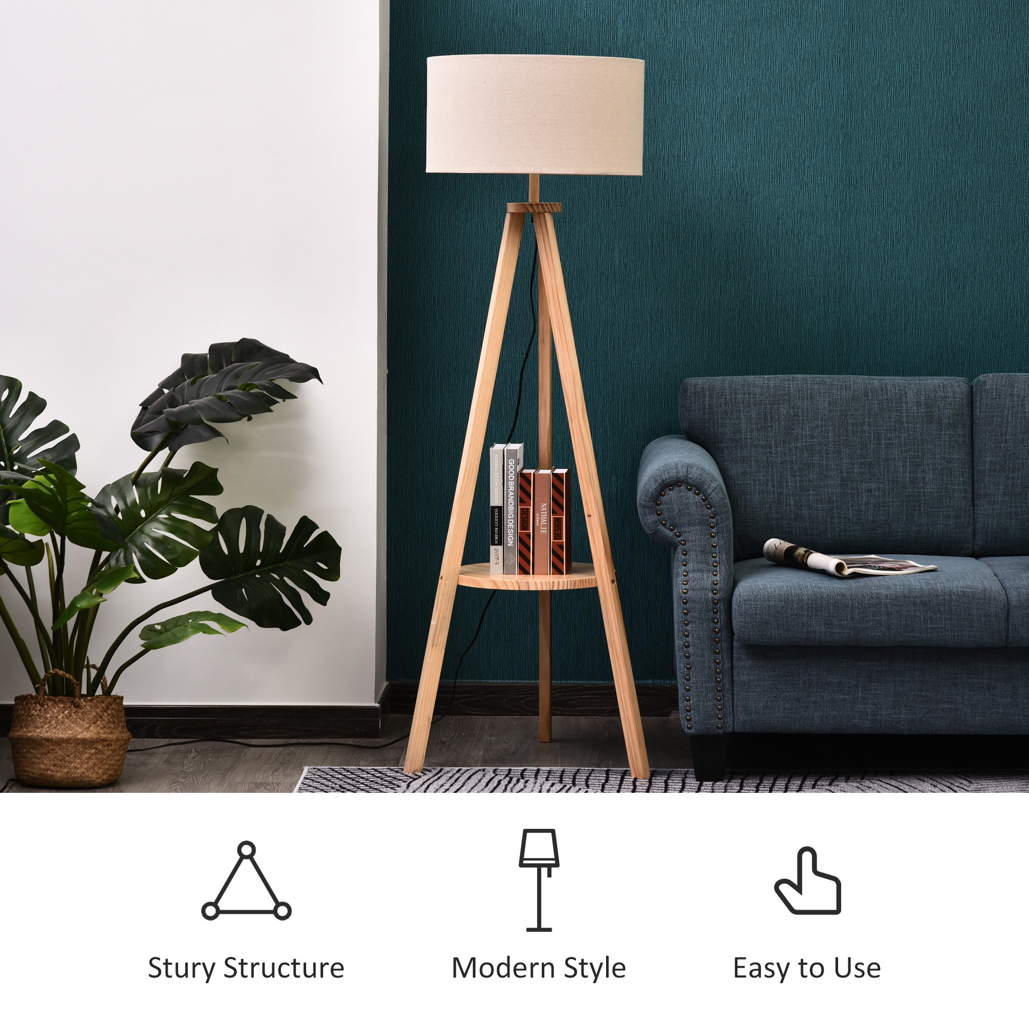 HOMCOM Free Standing Tripod Floor Lamp Bedside Light Reading Light with Storage Shelf Linen Shade for Living Room Bedroom, 154cm, Cream - North Peak Garden Furniture