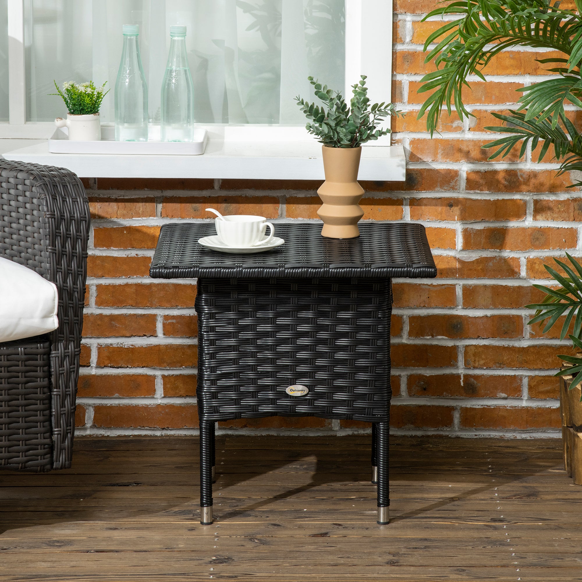 Outsunny Rattan Side Table, Outdoor Coffee Table with Plastic Board Under the Full Woven Table Top for Patio, Garden, Balcony, Black