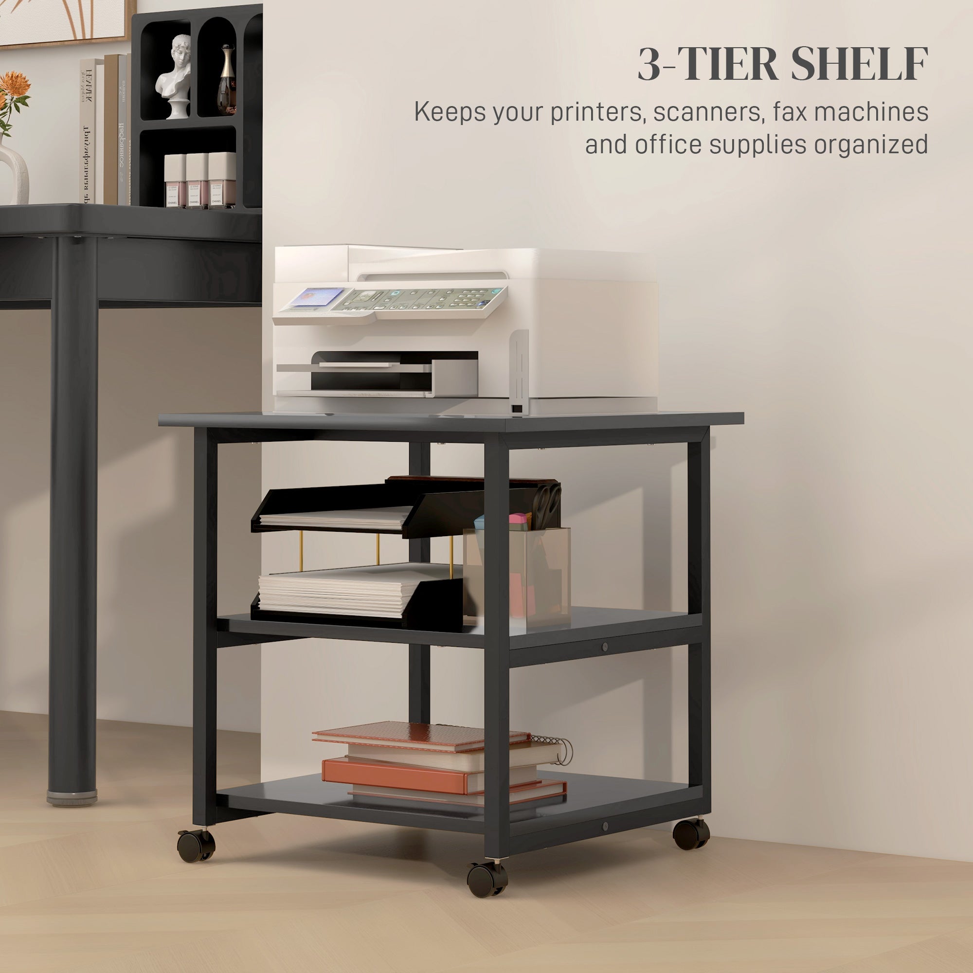 HOMCOM Three-Tier Steel Printer Stand, with Wheels - Black - North Peak Garden Furniture