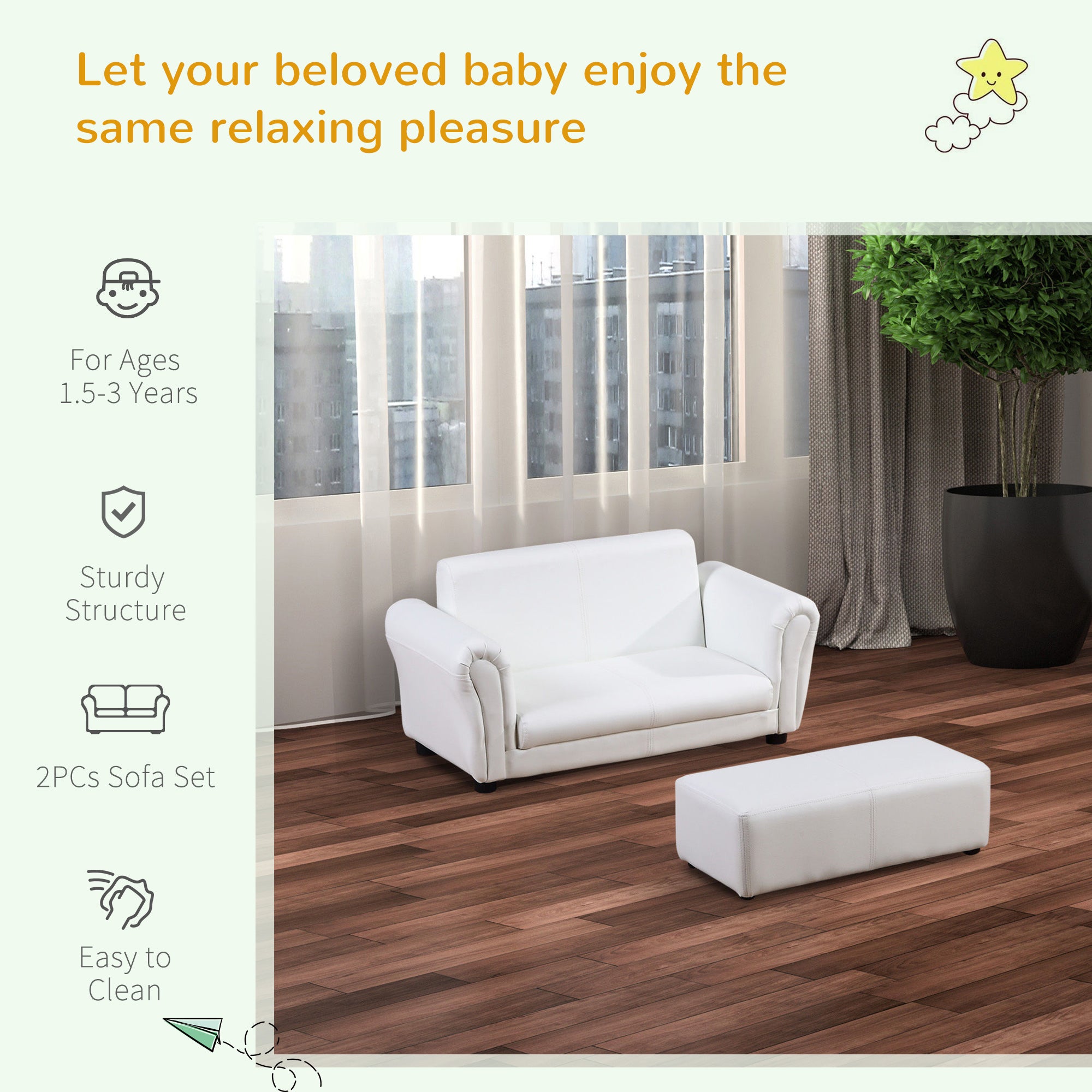 HOMCOM 2 Seater Toddler Chair Kids Twin Sofa Childrens Double Seat Chair Furniture Armchair Boys Girls Couch w/ Footstool (White) - North Peak Garden Furniture