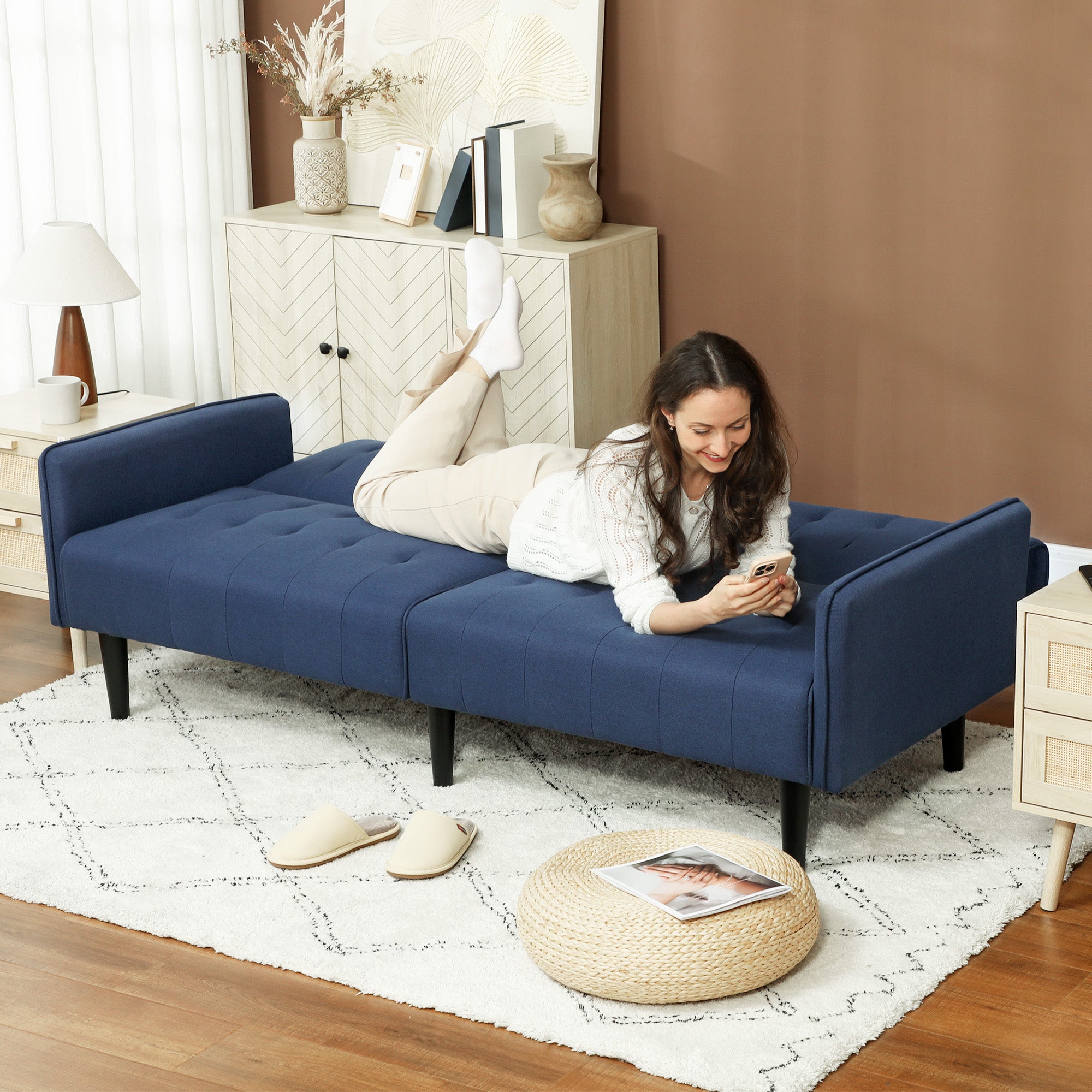 HOMCOM Upholstered Click Clack Sofa Bed, Linen-Feel 3 Seater Sofa Bed with Storage and Cupholders, Dark Blue - North Peak Garden Furniture