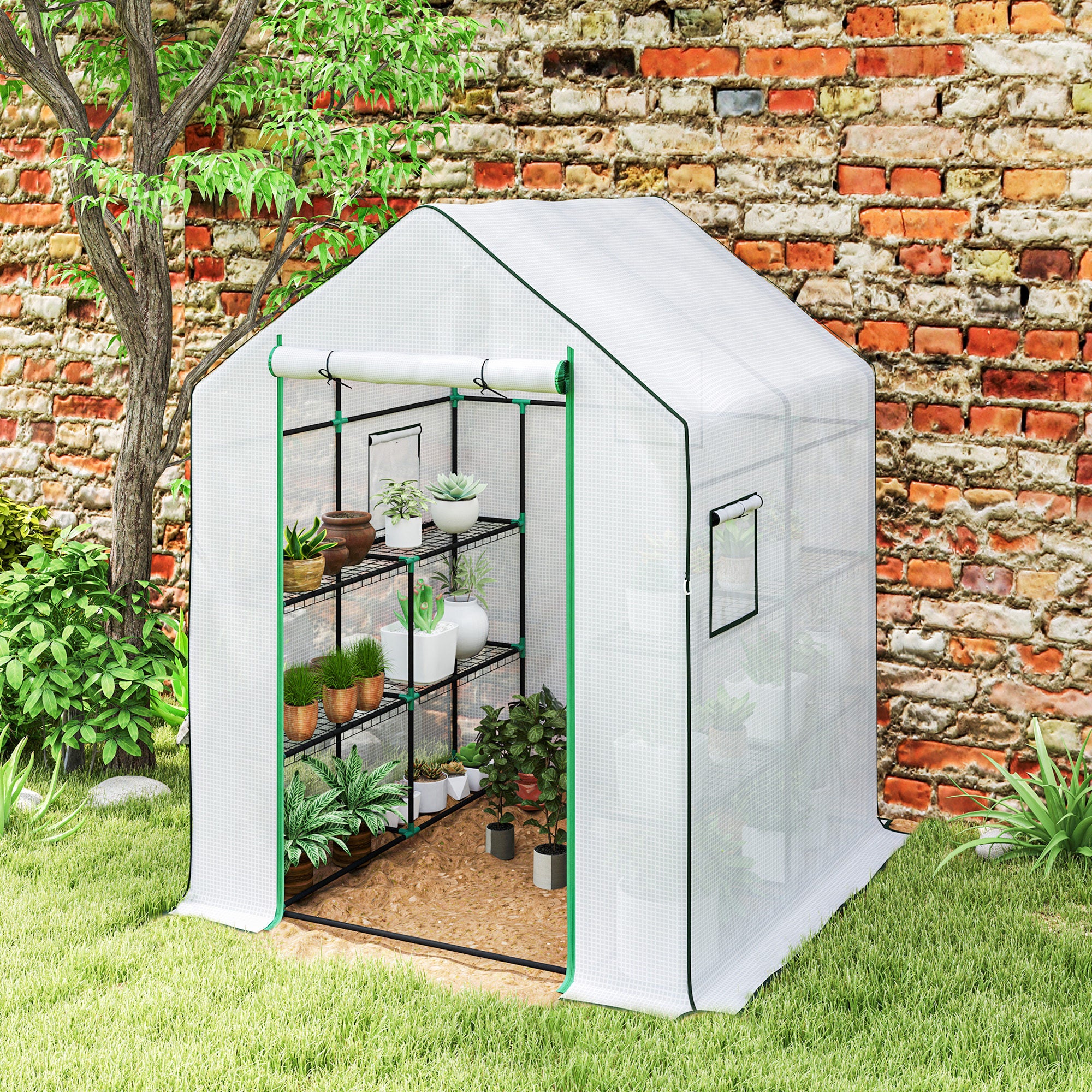 Outsunny 143 x 140cm Walk-In Greenhouse, with Accessories - White