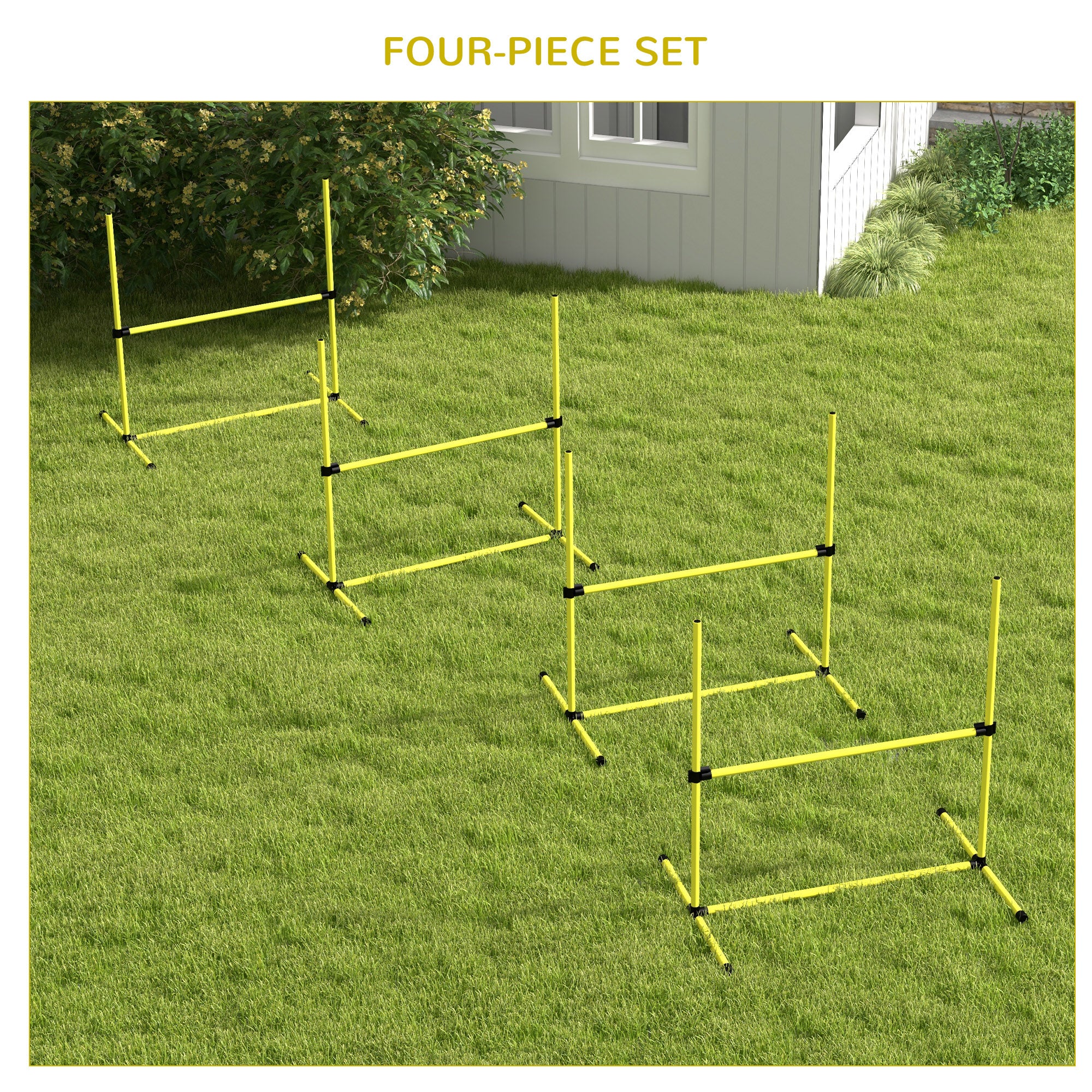 PawHut 4 Pieces Dog Agility Training Equipment, Adjustable Height Jumps Hurdle with Carrying Bag for Outdoor, Yellow - North Peak Garden Furniture
