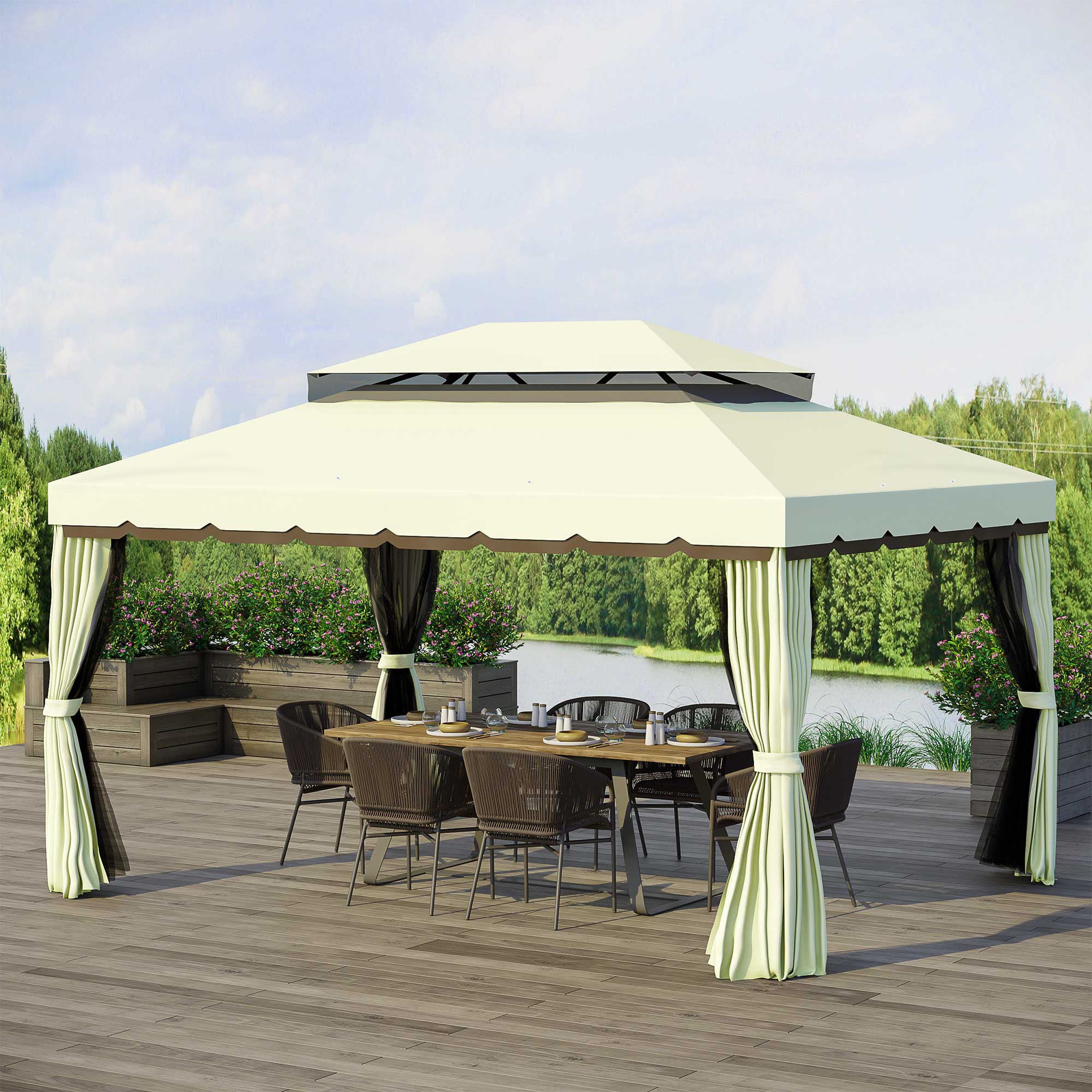 Outsunny 4 x 3 m Aluminum Garden Gazebo, Double Roof Outdoor Gazebo Canopy Shelter with Netting & Curtains for Garden, Lawn, Backyard and Deck, Cream - North Peak Garden Furniture