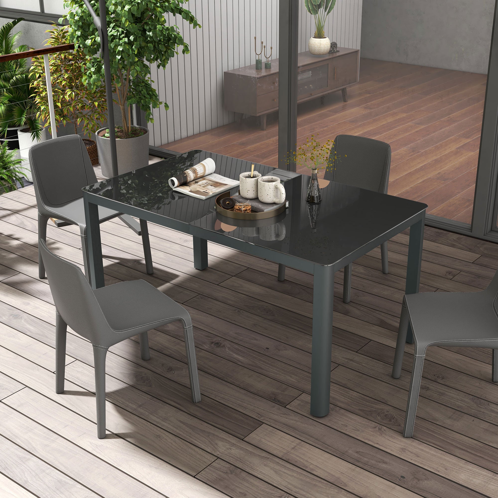 Outsunny 150cm x 88cm Aluminium Table, with Glass Tabletop - Grey - North Peak Garden Furniture