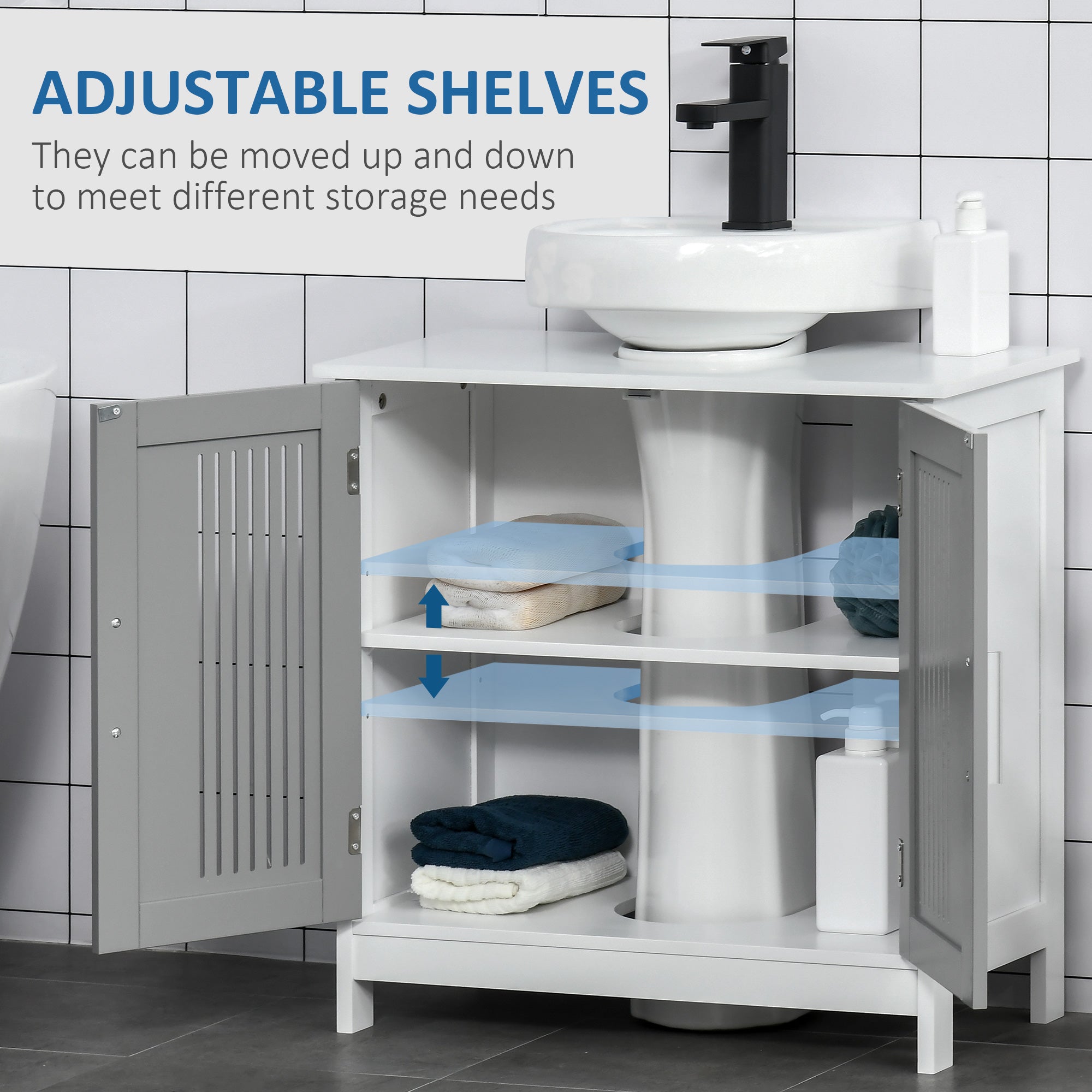 kleankin Modern Under Sink Cabinet with 2 Doors, Bathroom Vanity Unit, Pedestal Under Sink Design, Storage Cupboard with Adjustable Shelves, Grey - North Peak Garden Furniture