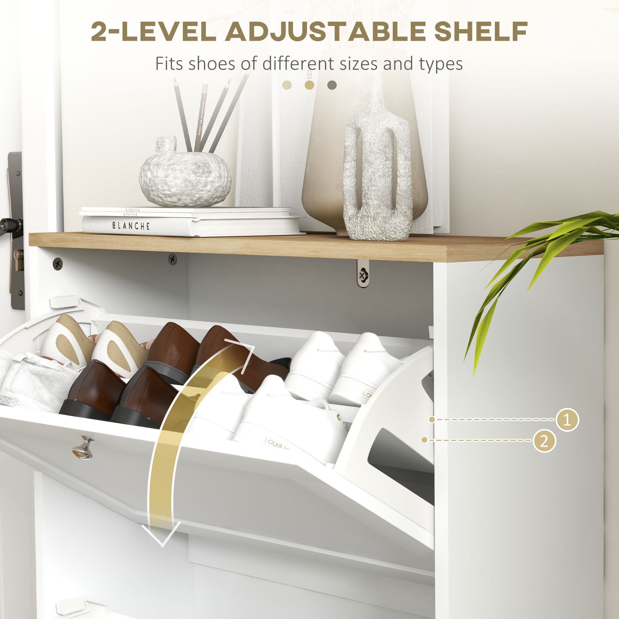 HOMCOM Narrow Shoe Cabinet with 2 Flip Drawers and Adjustable Shelves - White - North Peak Garden Furniture