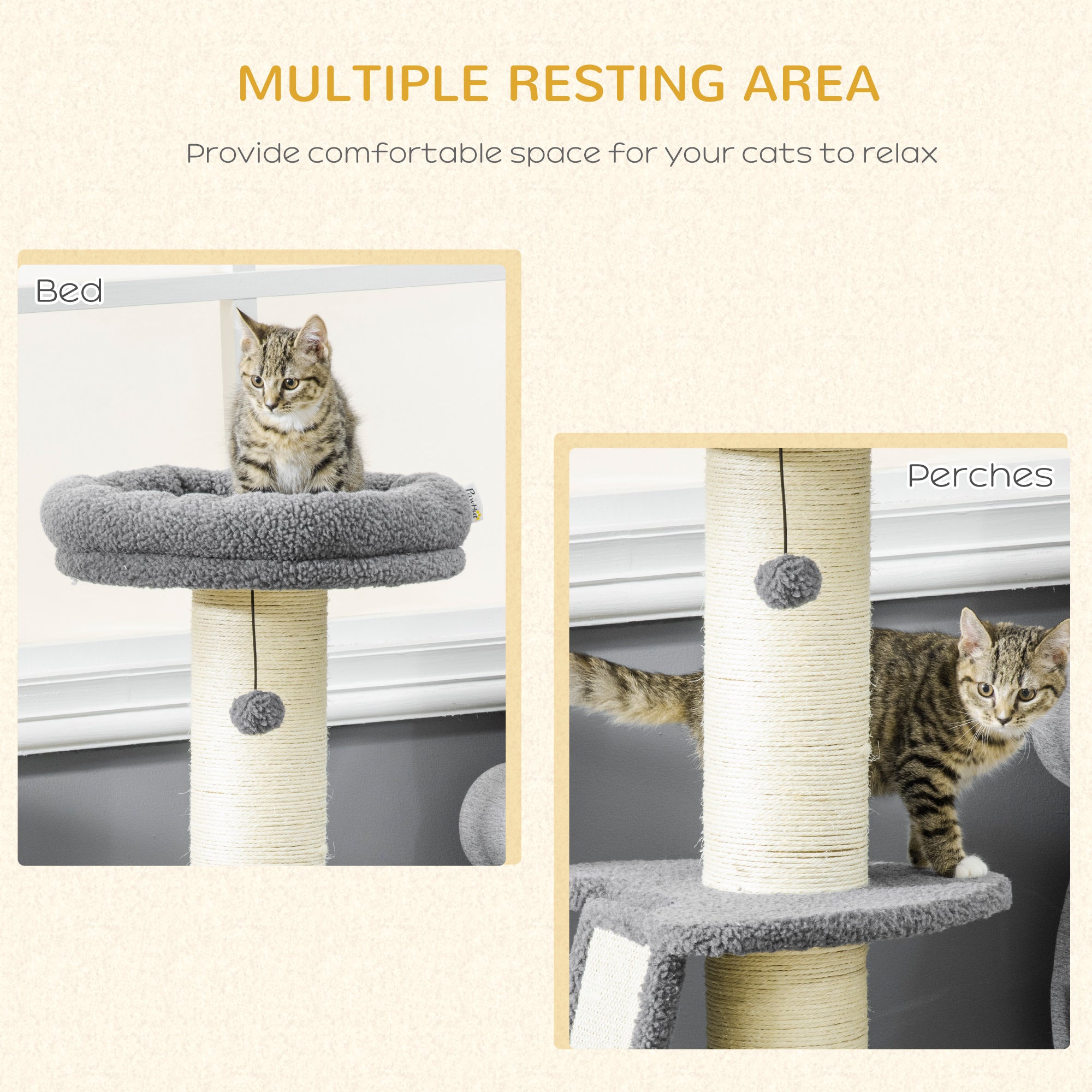 PawHut Cat Tree Tower with Scratching Posts, Pad, Bed, Toy Ball-Dark Grey