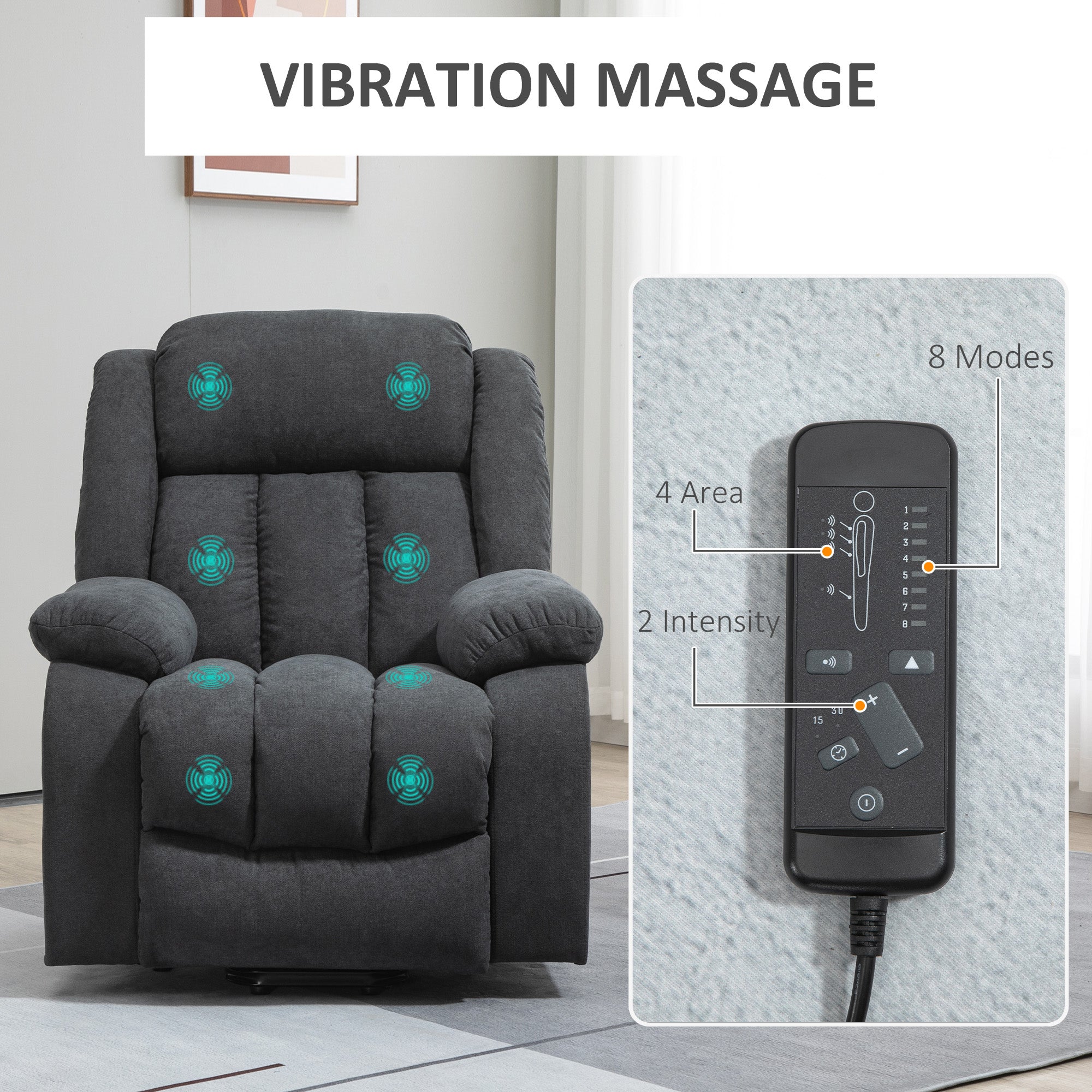 HOMCOM Oversized Riser and Recliner Chairs for the Elderly with 8 Vibration Massage, Large Fabric Upholstered Lift Chair for Living Room with Remote Control, Side Pocket, Footrest, Dark Grey - North Peak Garden Furniture