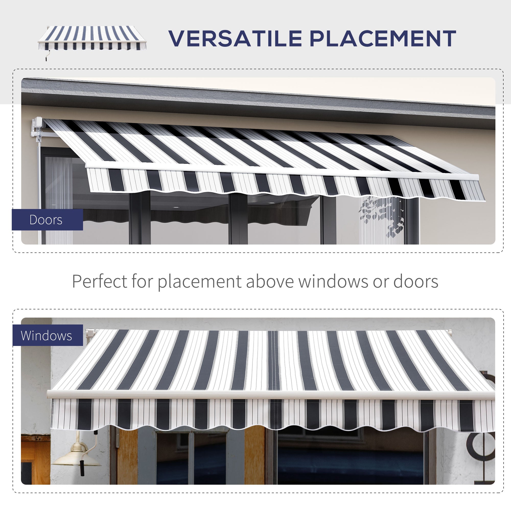 Outsunny Manual Retractable Awning, 2.5x2 m-Dark Blue/White Stripes