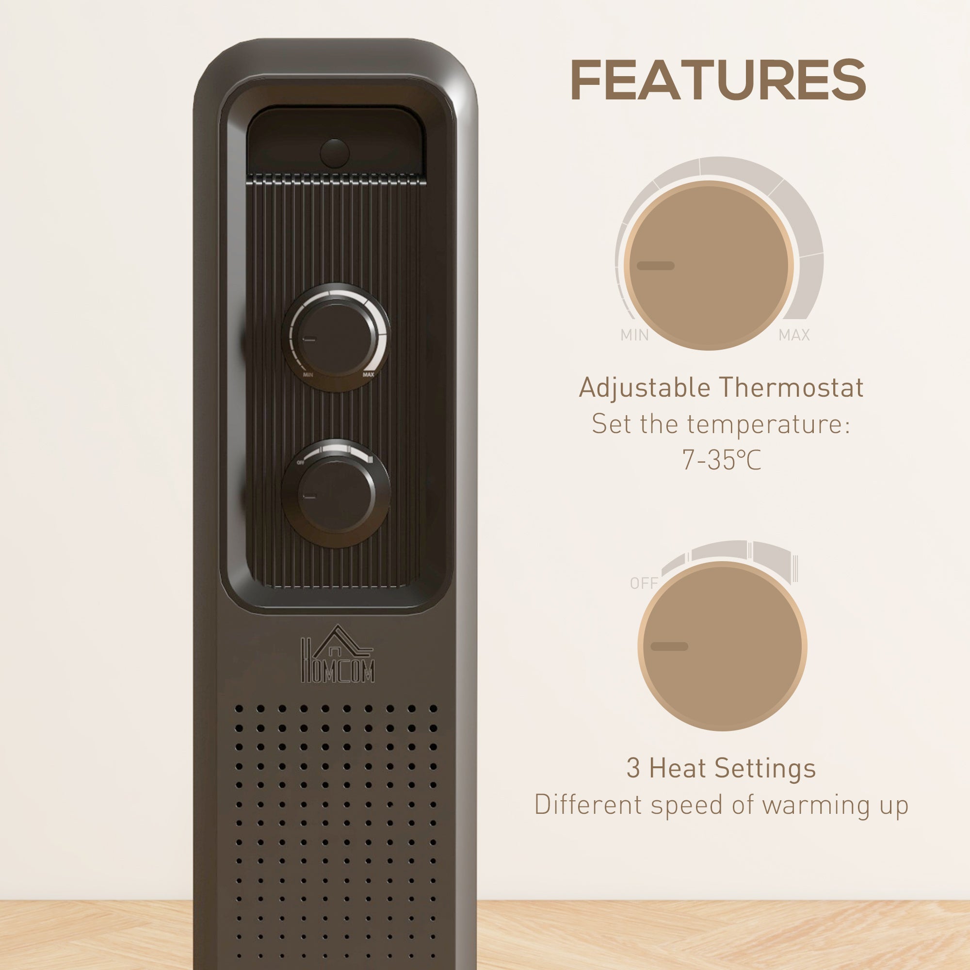 HOMCOM 2500W Oil Filled Radiator, 11 Fin, Portable Electric Heater with 3 Heat Settings, Safety Cut-Off and Wheels, Grey - North Peak Garden Furniture