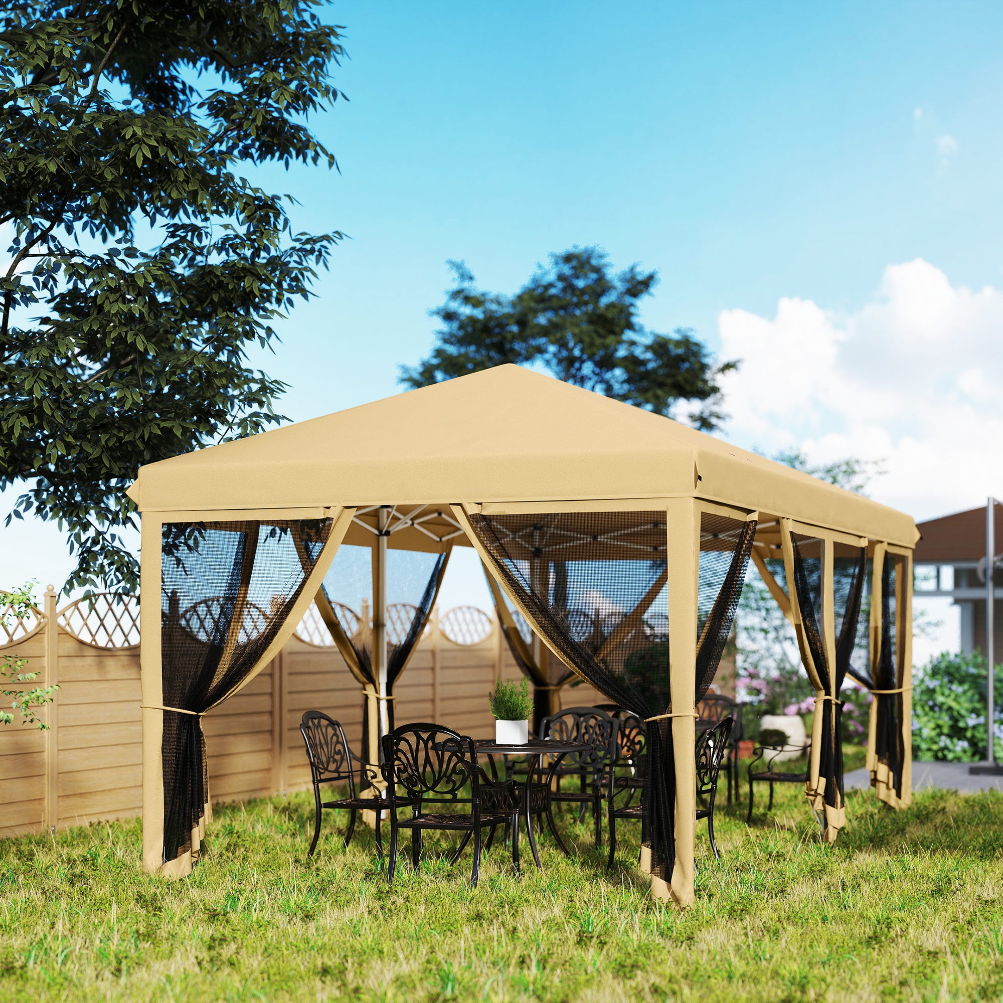 Outsunny 3 x 6m Pop Up Gazebo, Outdoor Canopy Shelter, Marquee Party Wedding Tent with 6 Mesh Walls and Carry Bag, Beige - North Peak Garden Furniture