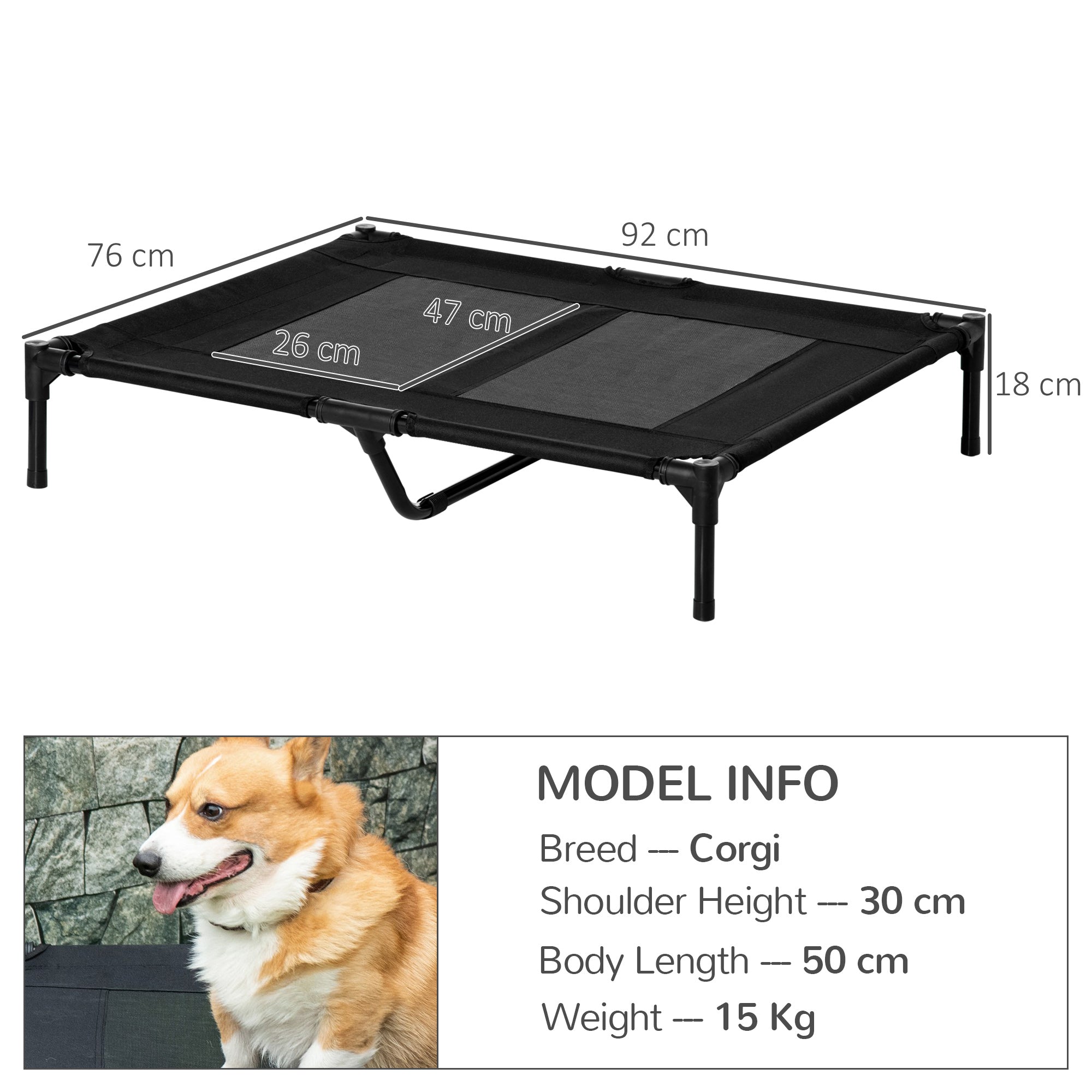 PawHut Large Raised Dog Bed Cat Elevated Lifted Cooling Portable Camping Basket Outdoor Indoor Mesh Pet Cot Metal Frame Black - North Peak Garden Furniture