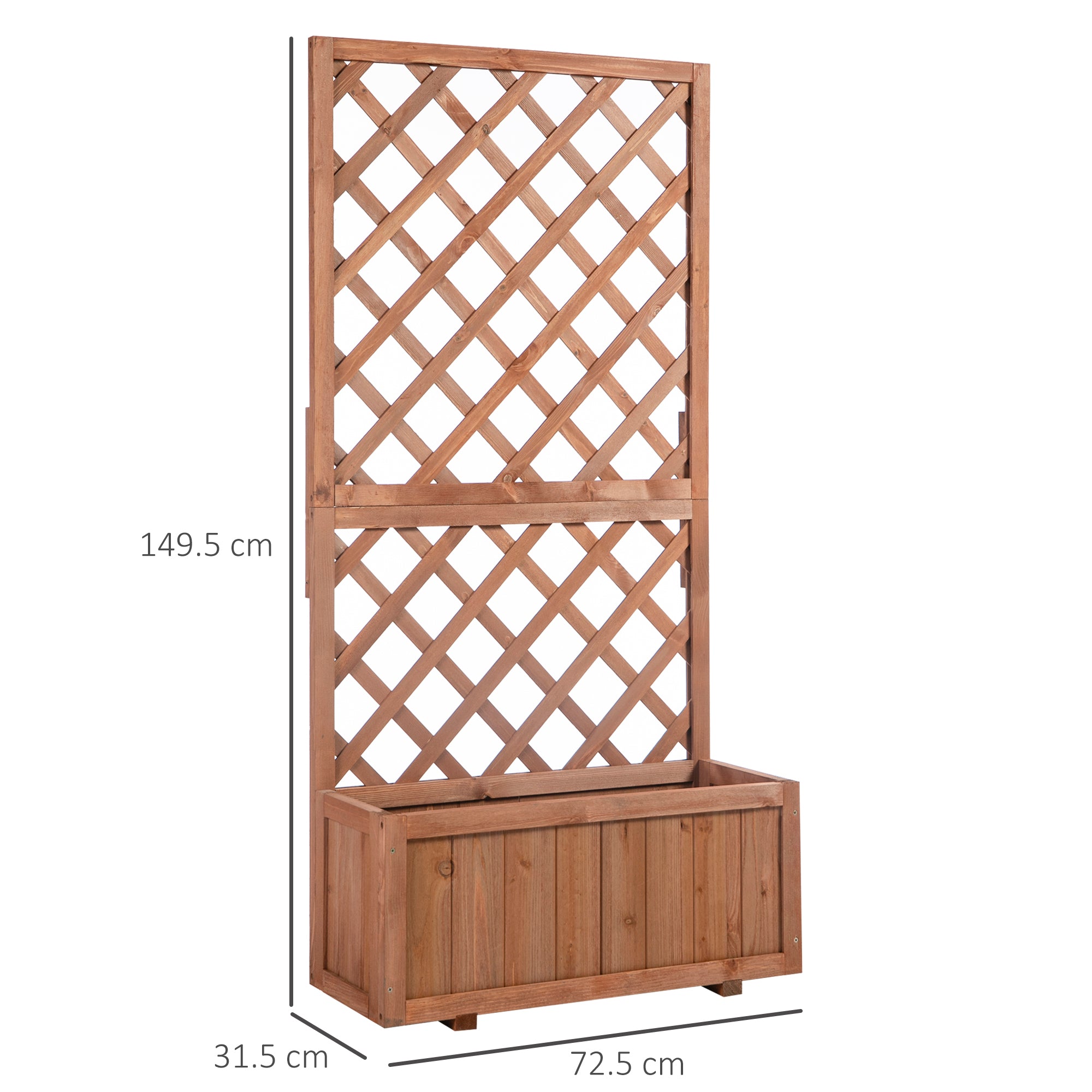 Outsunny 72.5 x 31.5 x 149.5 cm 45L Garden Wooden Pine Trough Planter with Topped Trellis Climbing Plants Flower Raised Bed, Orange