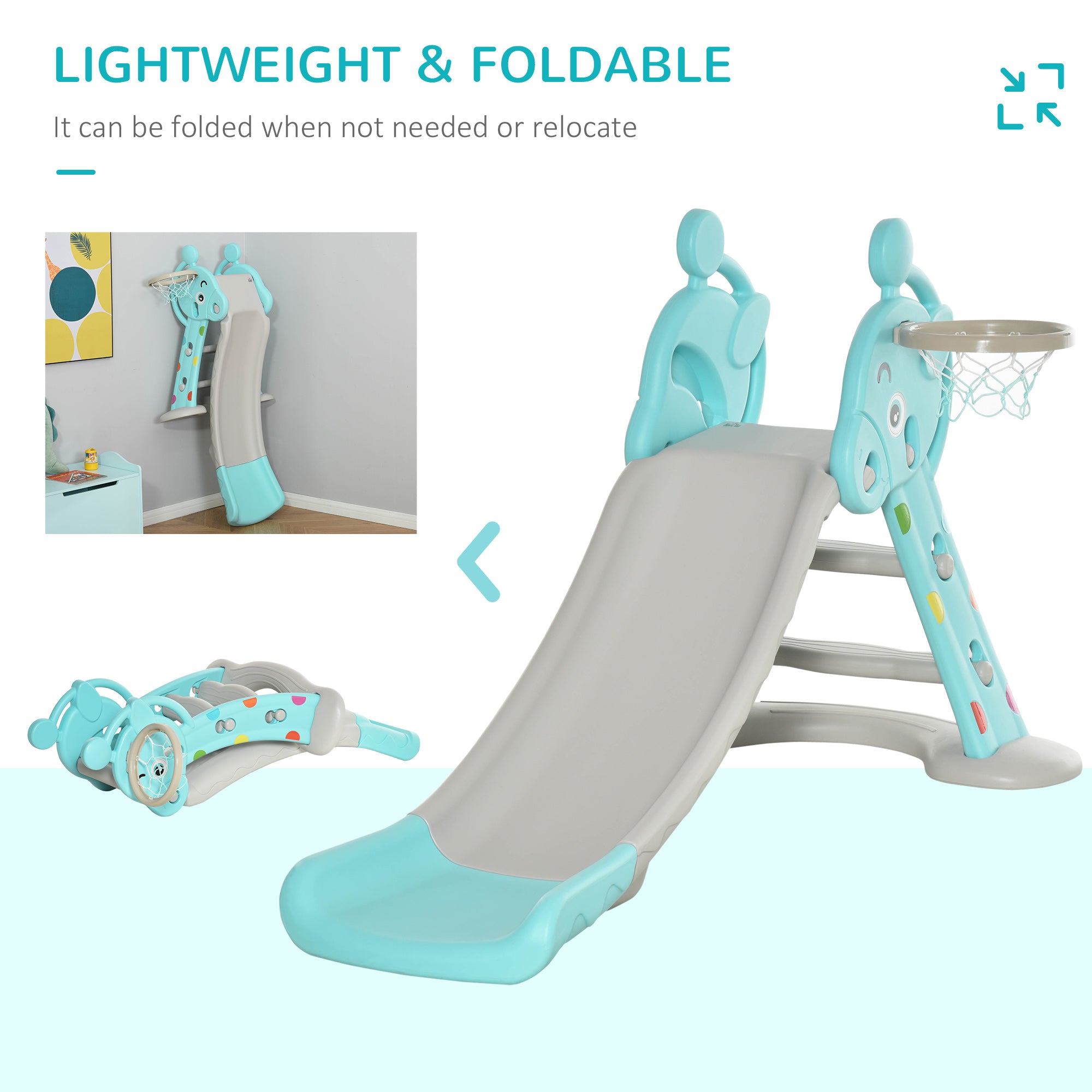 HOMCOM Kids Slide 2 in 1 Toddler Freestanding slide with Basketball Hoop Indoor/Outdoor Use Deer Shaped for 18 months -4 Years Old Blue - North Peak Garden Furniture