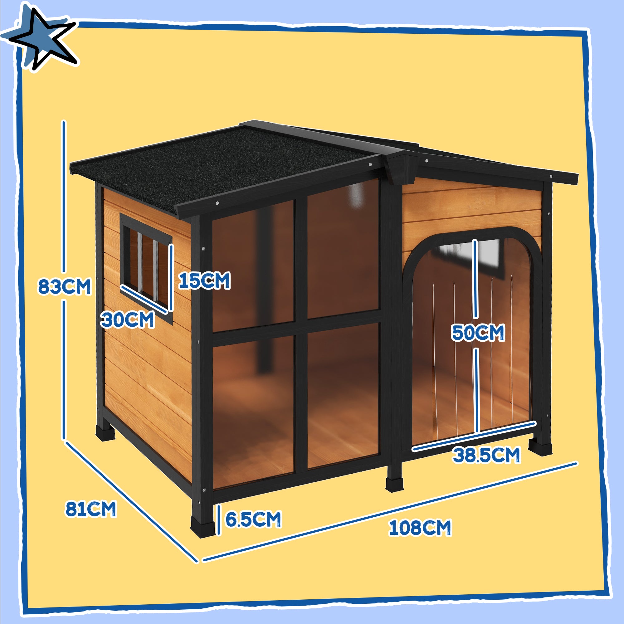 PawHut Wooden Dog Kennel with Removable Floor, Asphalt and Openable Roof, Giant Window for Large Dogs, Yellow