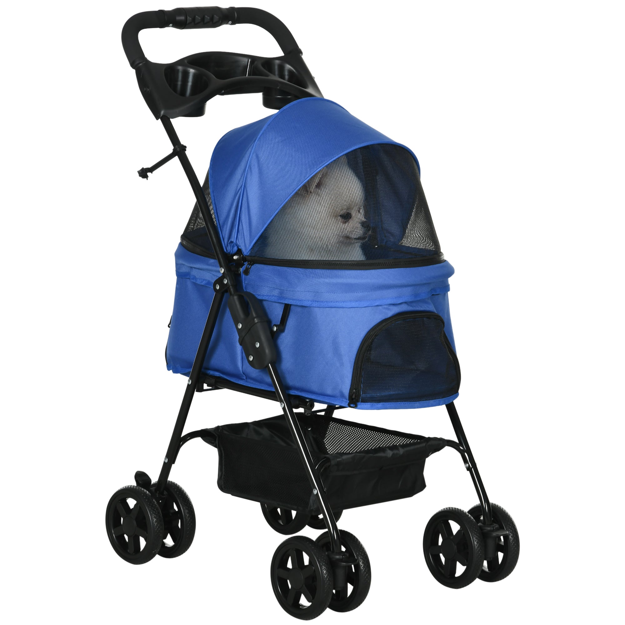 PawHut Dog Pram Dog Stroller Foldable Pet Pushchair with 4 Wheels, Safety Leashes, Cup Holder for Small Dogs, Blue - North Peak Garden Furniture