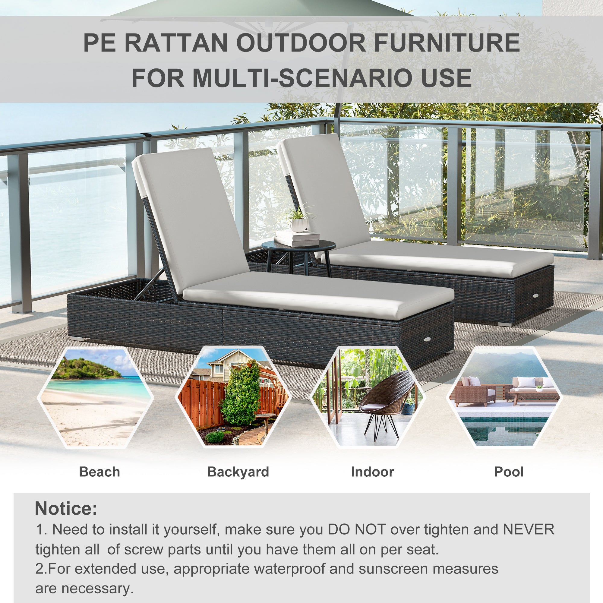 Outsunny Set of Two Rattan Sun Loungers, with Reclining Backs - Brown/Cream - North Peak Garden Furniture