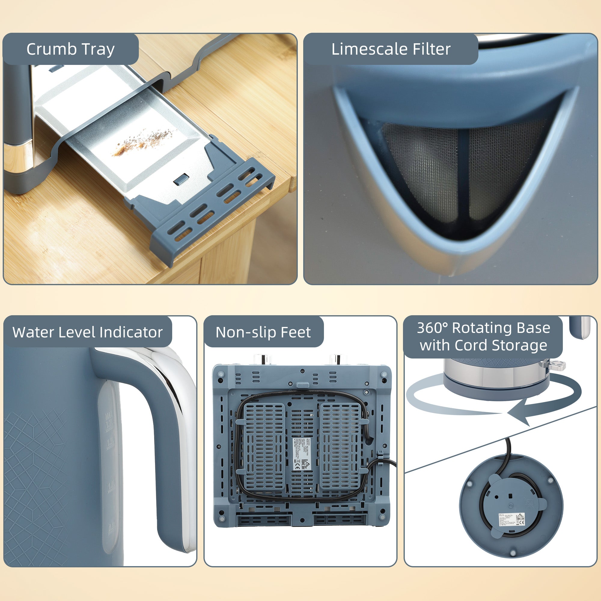 HOMCOM Sleek Textured Kettle and Four-Slice Toaster Set - Blue