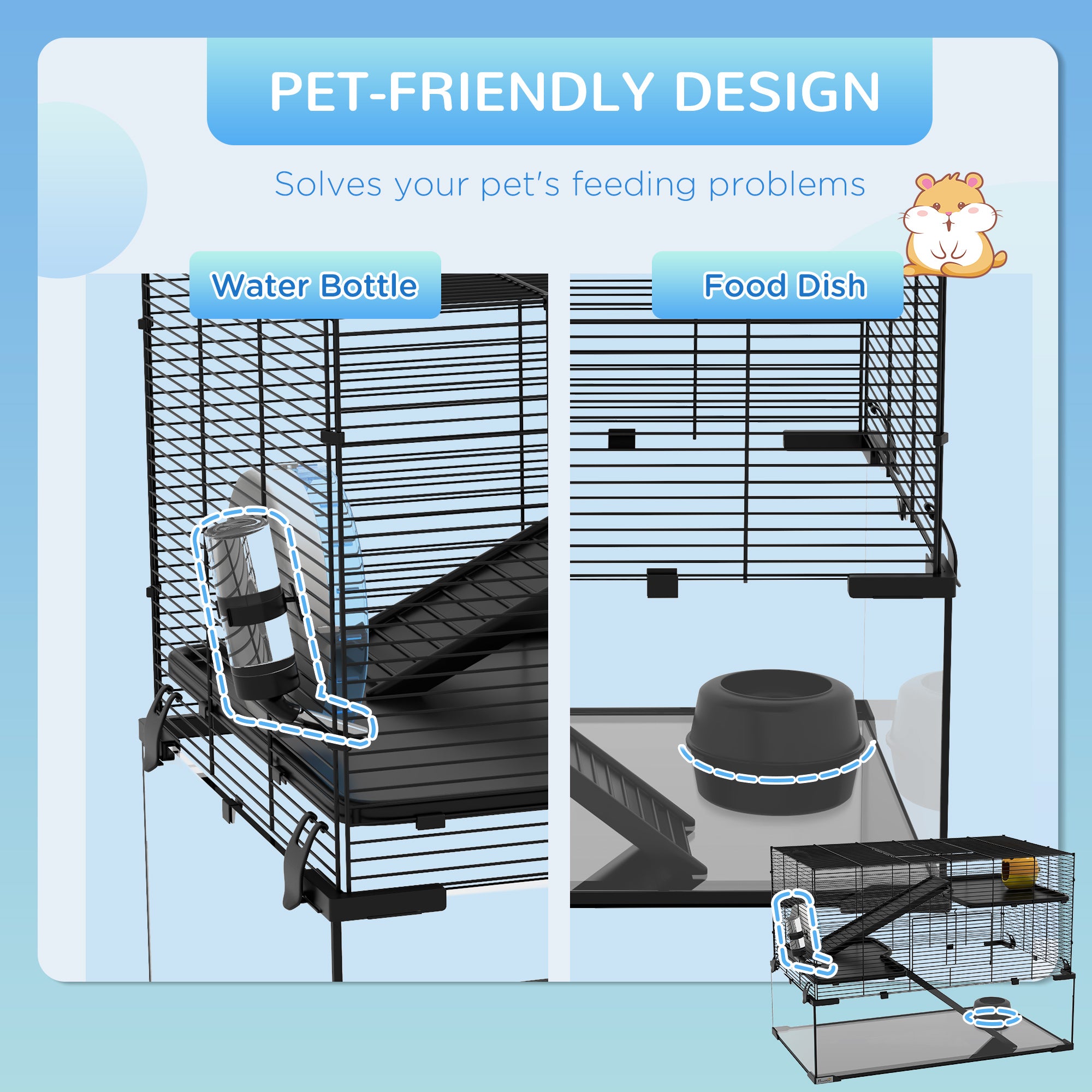 PawHut 3 Tiers Hamster Cage, Gerbil Cage with Deep Glass Bottom, Non-Slip Ramps, Platforms, Hut, Exercise Wheels, Water Bottle, Dish, for Syrian Hamster, Dwarf Hamster, 78.5 x 48.5 x 57cm - North Peak Garden Furniture