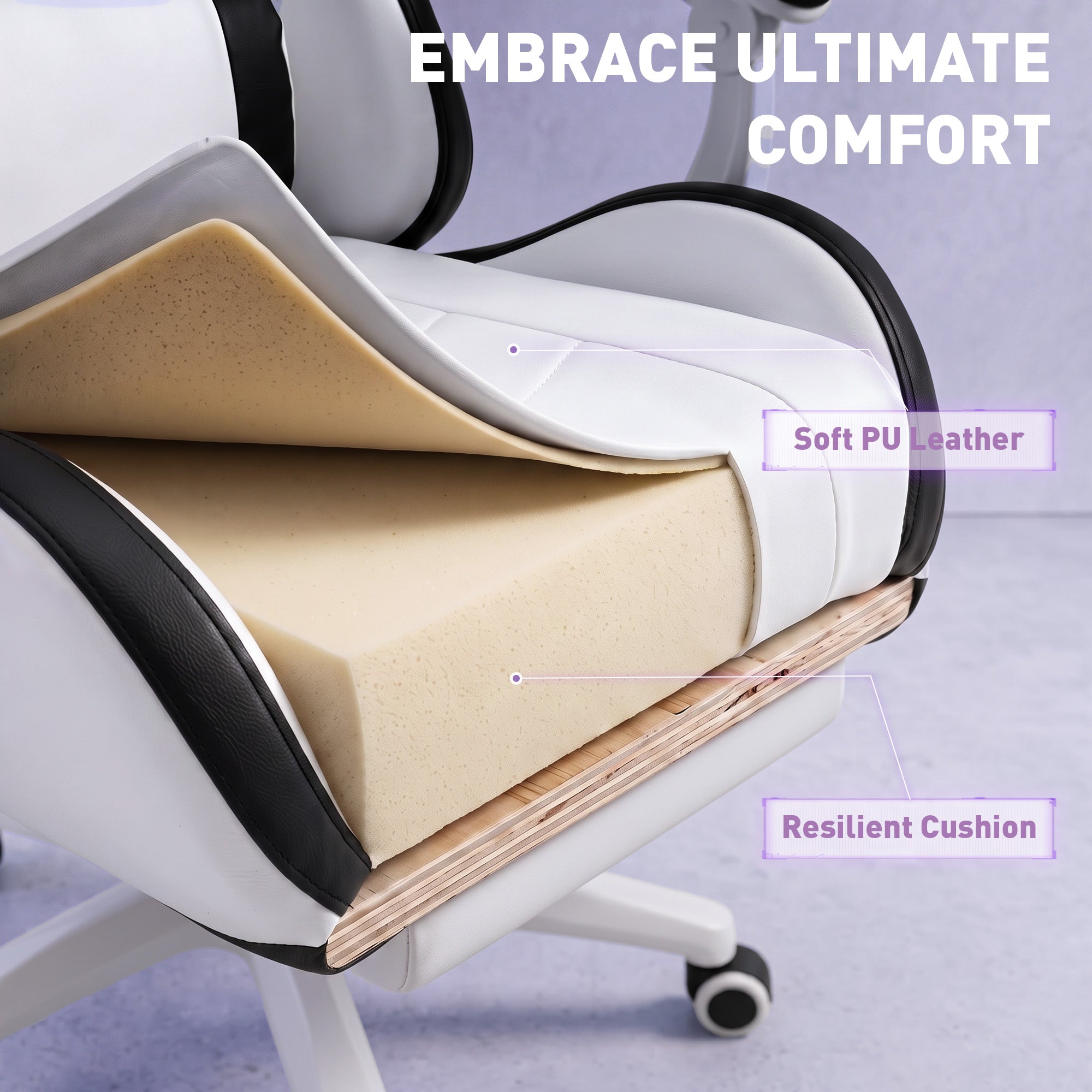 Vinsetto Computer Gaming Chair, PU Leather Desk Chair with Footrest, Swivel Task Chair with 135° Reclining Back and Lumbar Support, PC Chair for Adults, White and Black