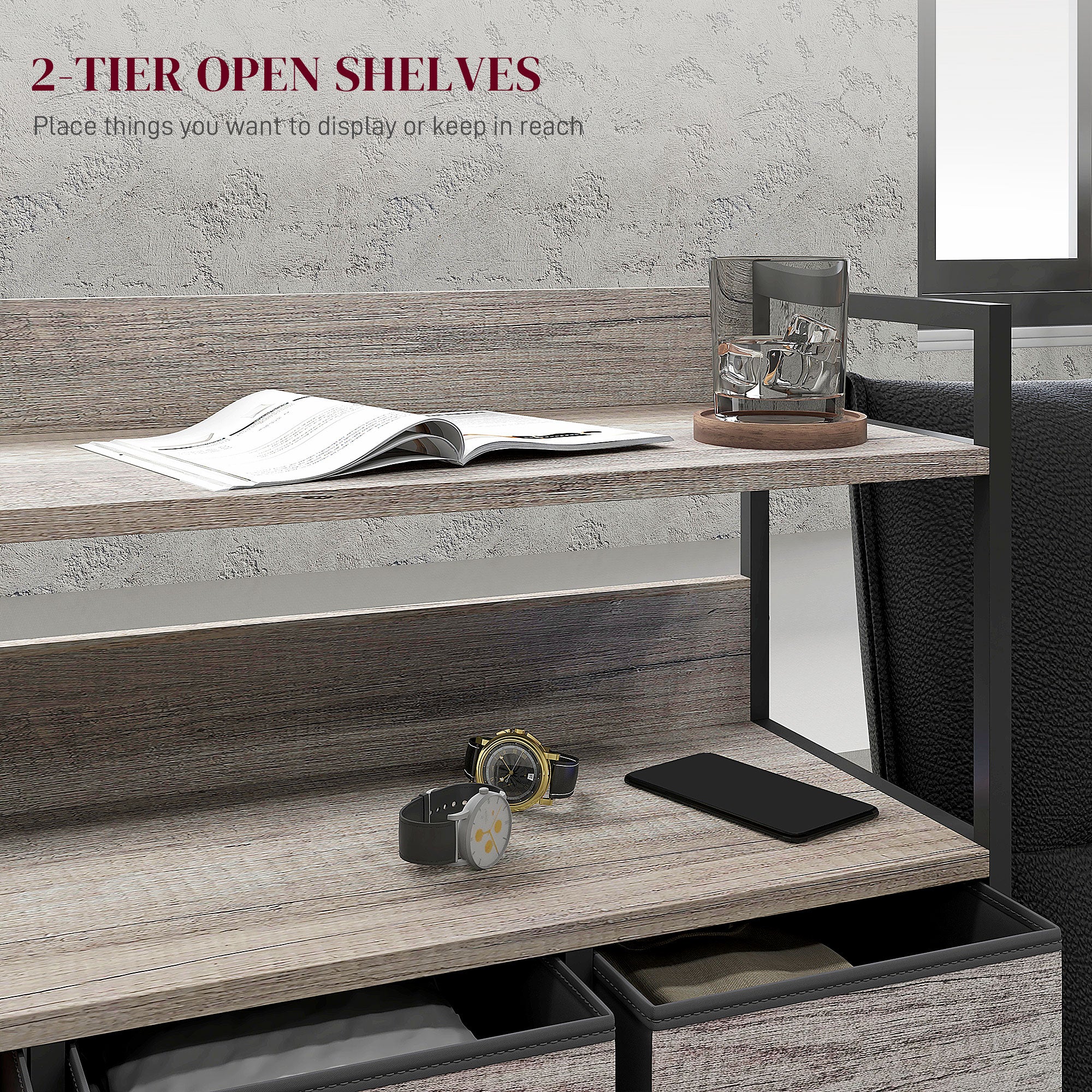 HOMCOM Rustic Chest of Seven Fabric Drawers - Grey Wood Effect - North Peak Garden Furniture